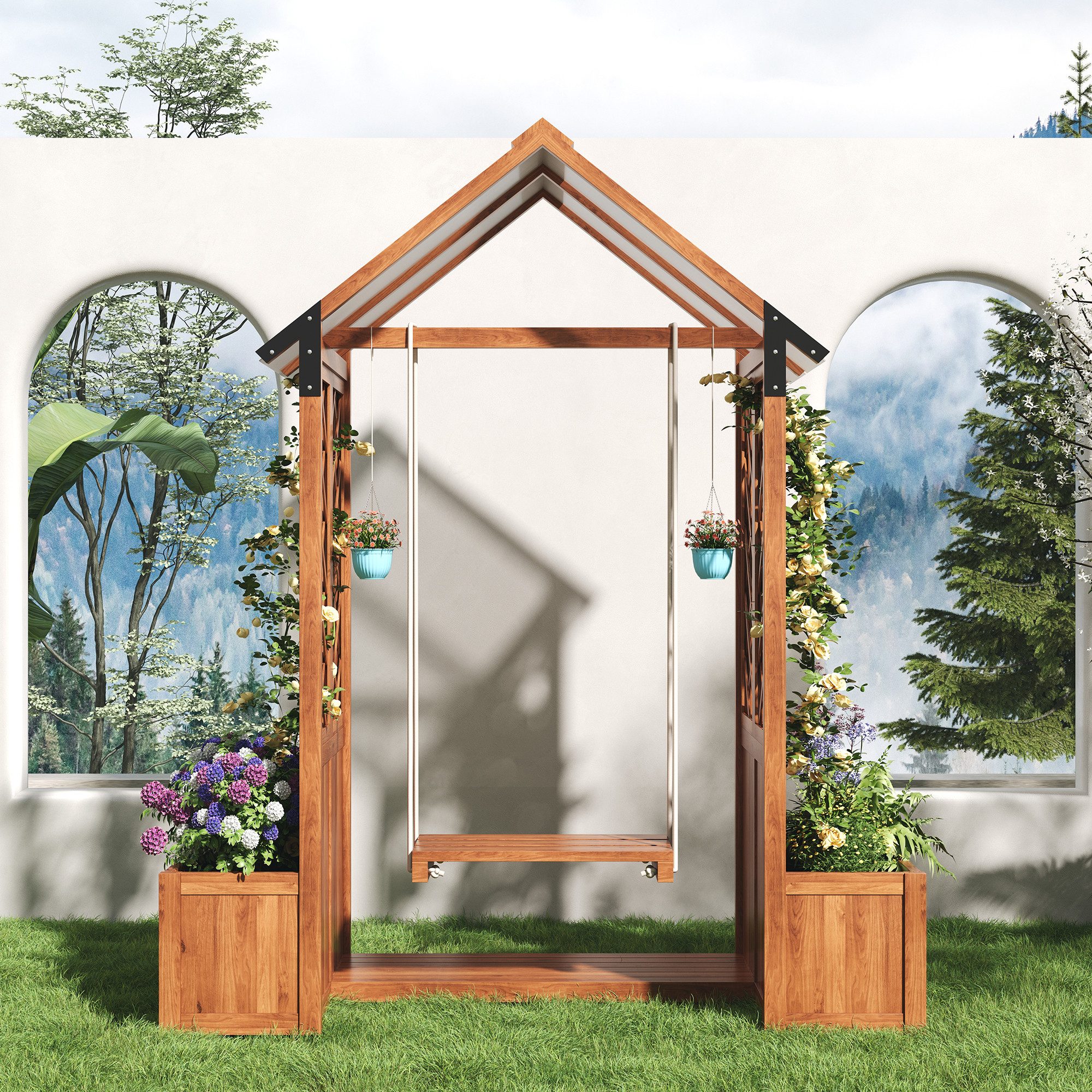 Ulife Blumenkasten Pflanzkübel mit Outdoor-Schaukel, 163 x 142 x 70 cm, Pflanzgefäß mit Spalier als Kletterhilfe, mit Sonnendach