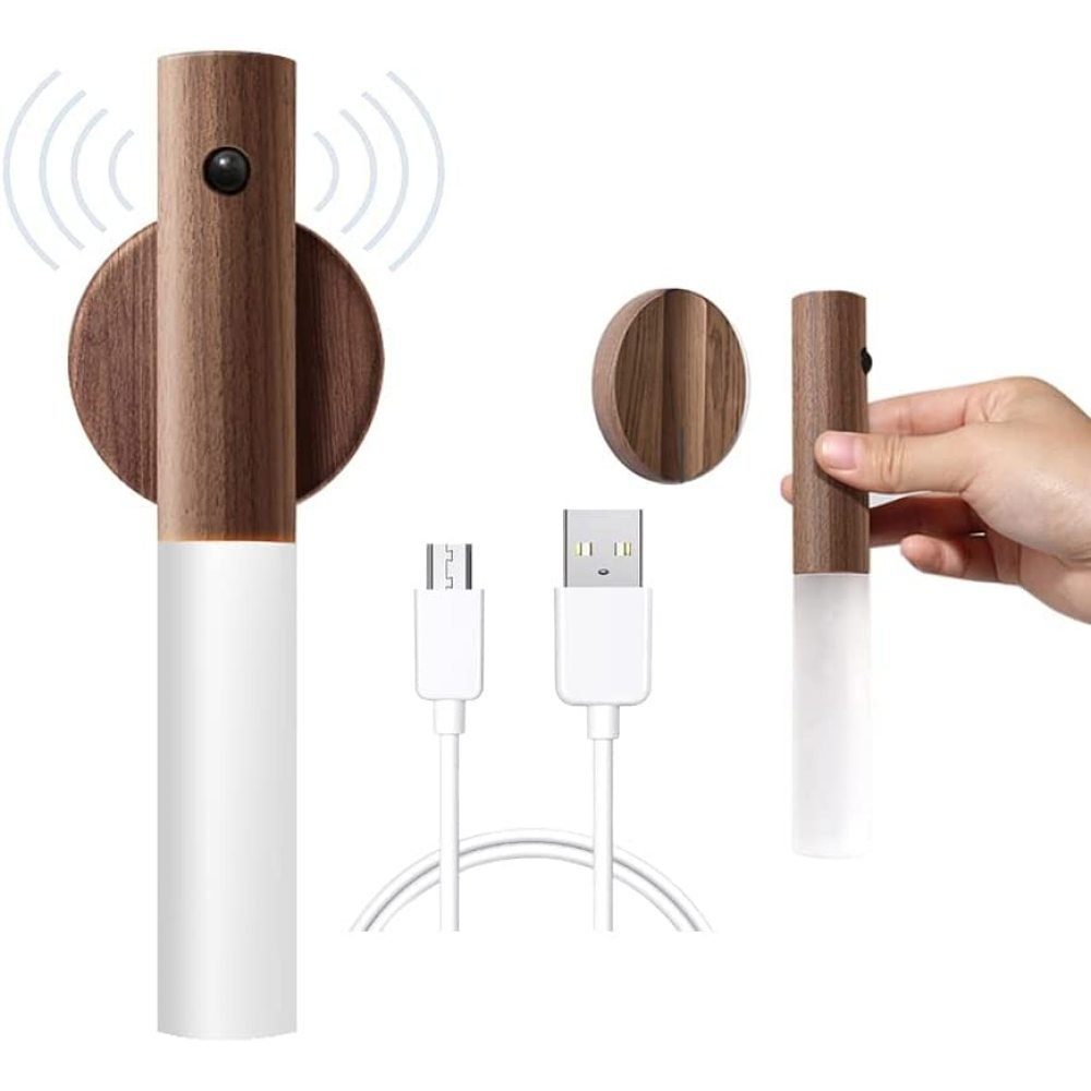 GelldG Wandleuchte USB Aufladbar Holz Wandleuchte Innen Wandlampe mit Bewegungsmelder, Sensorlicht ‎‎braun