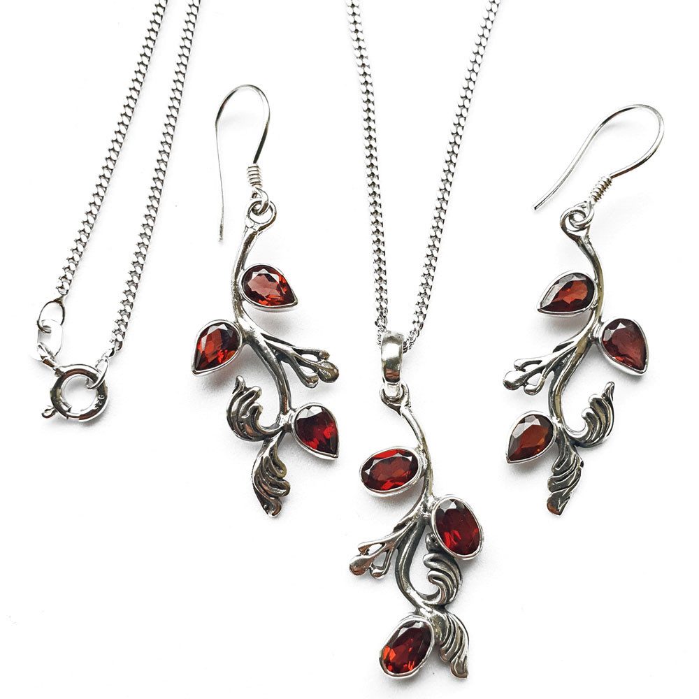 HOPLO Kettenanhänger Ohranhänger Set Silber Kette Anhänger Blätter Granat Granatstein ROT 9