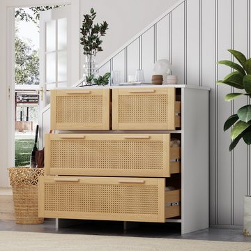 IDEASY Schubkastenkommode Aufbewahrungsschrank, Vitrine, 4 Schubladen, (80*80*38 cm), Schubladenfronten aus Rattan mit Griffen aus Massivholz