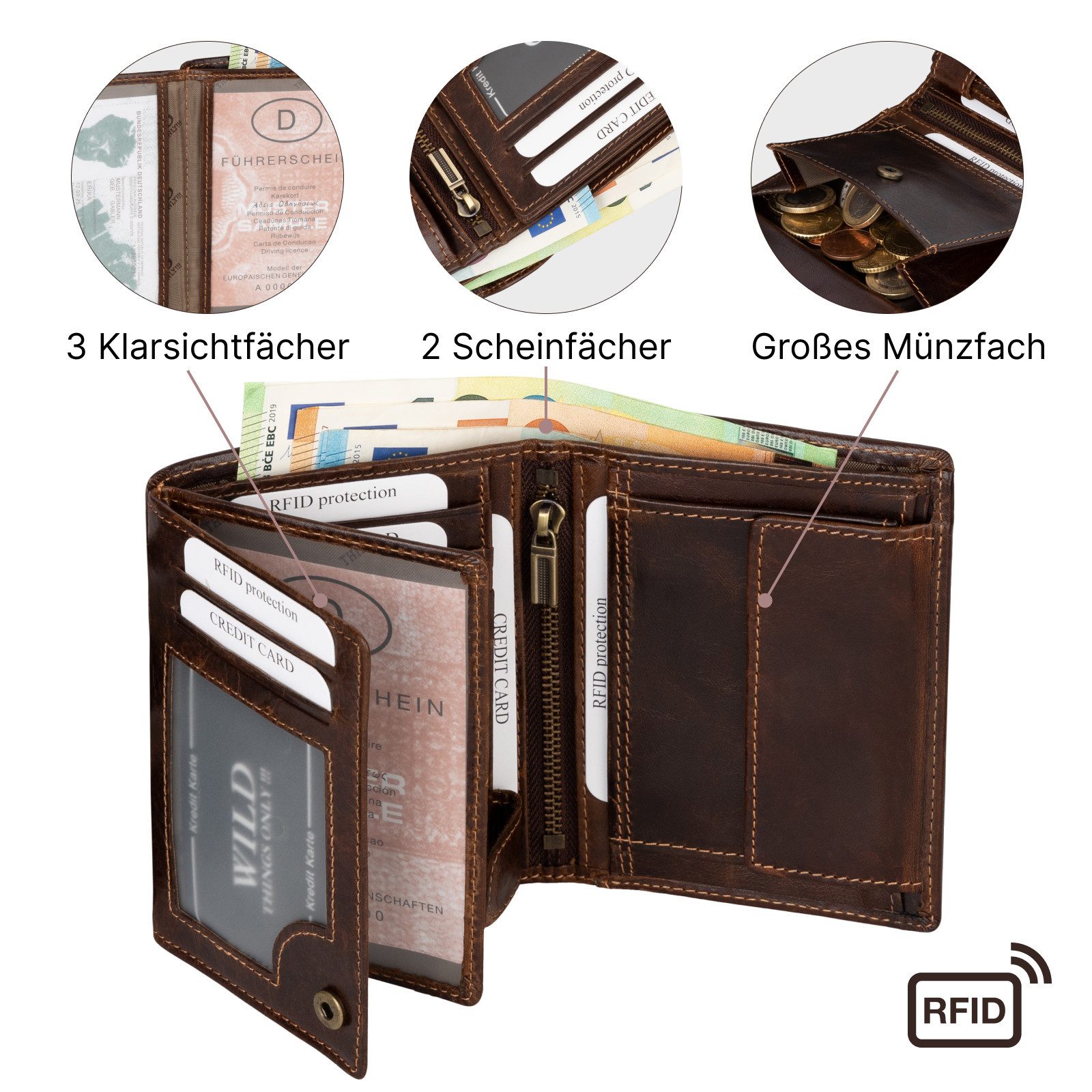 Wild Things Only !!! Geldbörse RFID echt Leder Portemonnaie Geldbörse Riegelbörsel Herren Braun, RFID Schutz – Bild 5 von 5