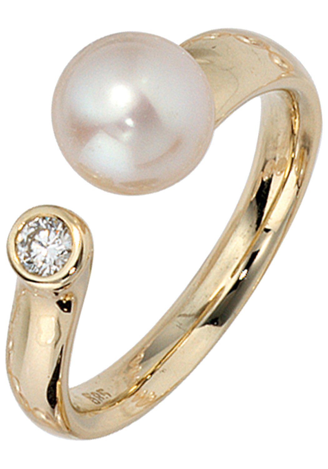 JOBO Perlenring, 585 Gold mit Süßwasser-Zuchtperle und Diamant