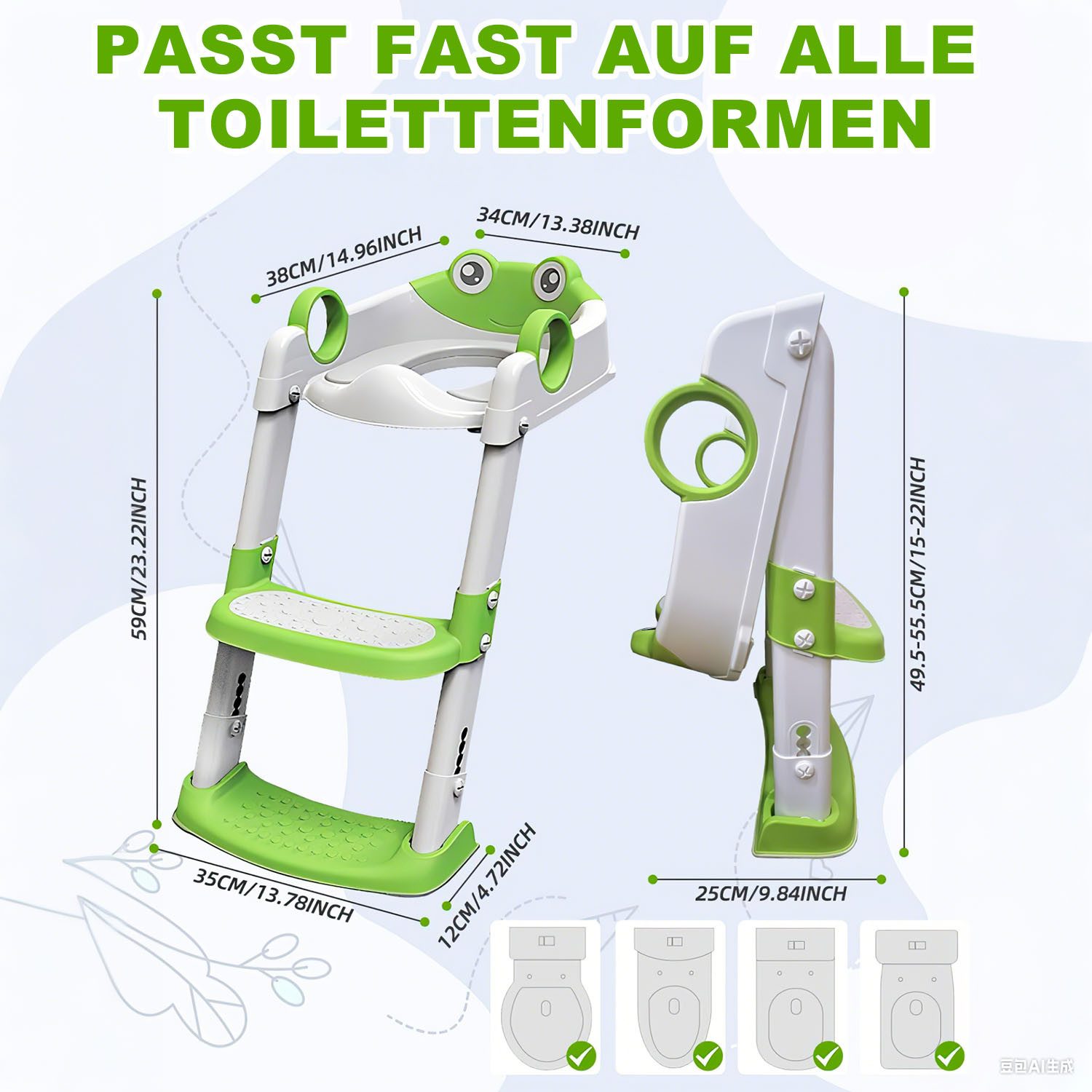 HEYHIPPO Toilet Trainer Children's Toilet Seat with Steps, Non-Slip, PU Upholstery, Foldable, Children's Toilet Trainer, Non-Slip, Ergonomic, Grey-Green, 59x38x34cm