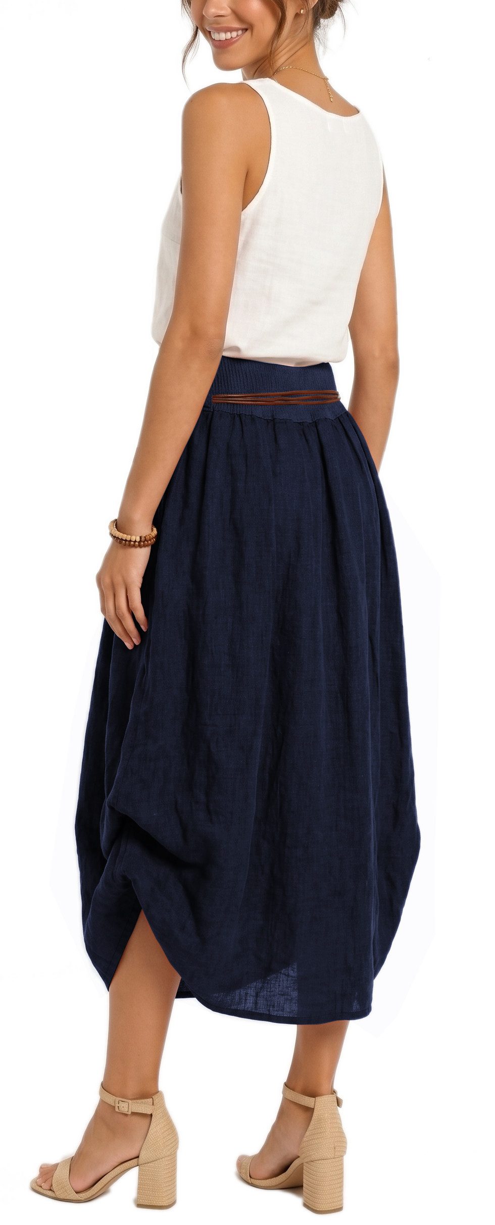 dy_mode Ballonrock Damen Leinenrock Midi Ballonrock Sommerrock Midirock in Unifarbe, mit Teil-Gummibund, Variabler 2-in-1 Look