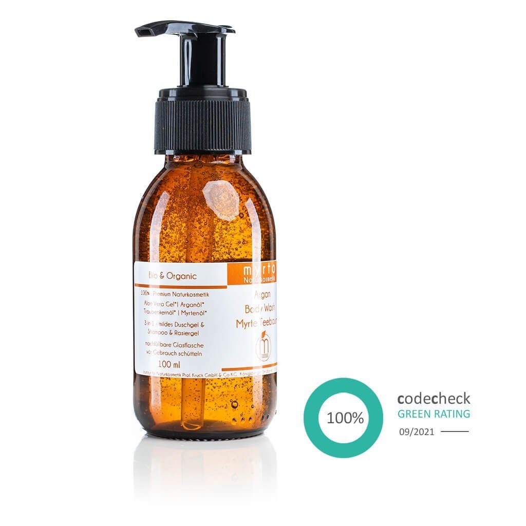 myrto Naturkosmetik Duschgel Argan Body Wash Myrte-Teebaum - 500ml Grosspackung, ohne Alkohol, naturreine ätherische Öle, vegan