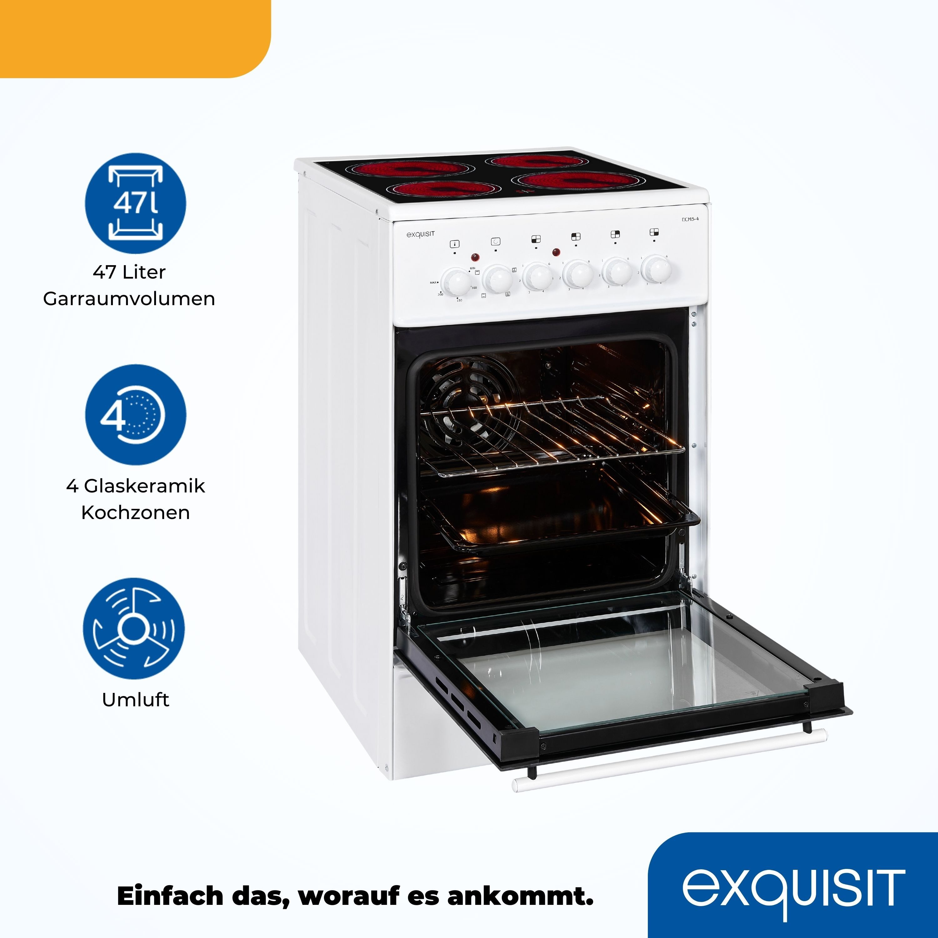 exquisit Elektro-Standherd ECM 5-4.1, Ober und Unterhitze, Innenbeleuchtung, 47 Liter Backofen-Volumen