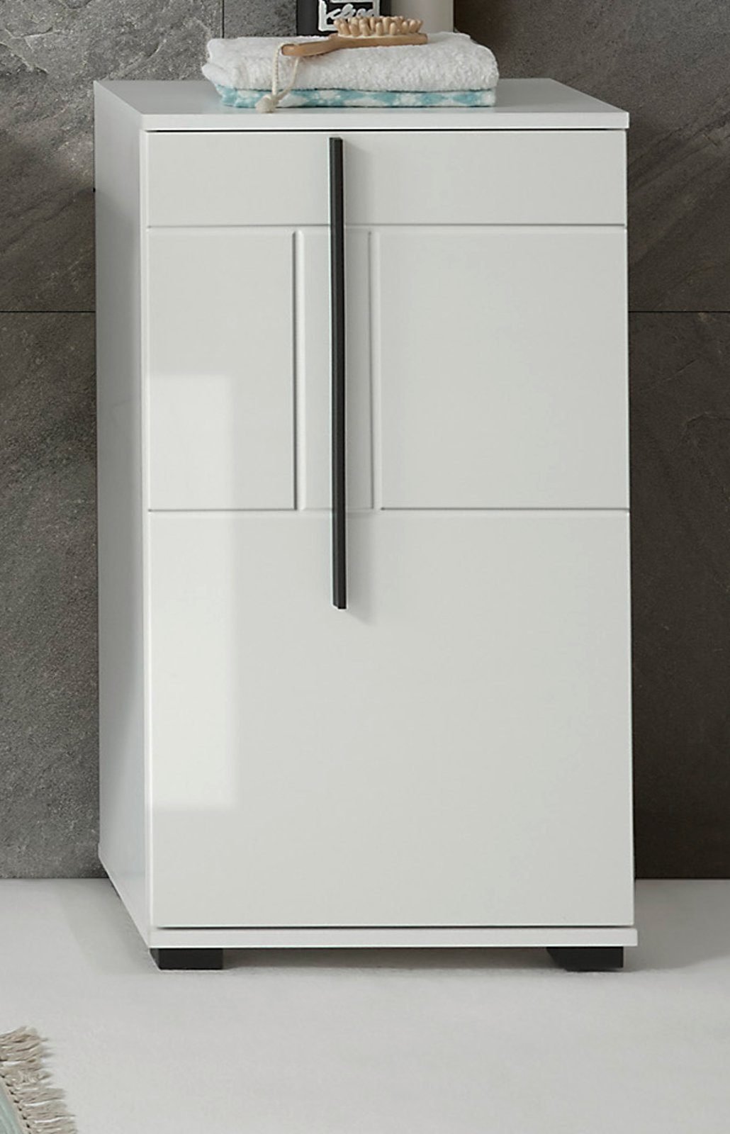 Furn.Design Badkommode Design-D (Badschrank in Weiß Hochglanz, 45 x 87 cm), mit viel Stauraum