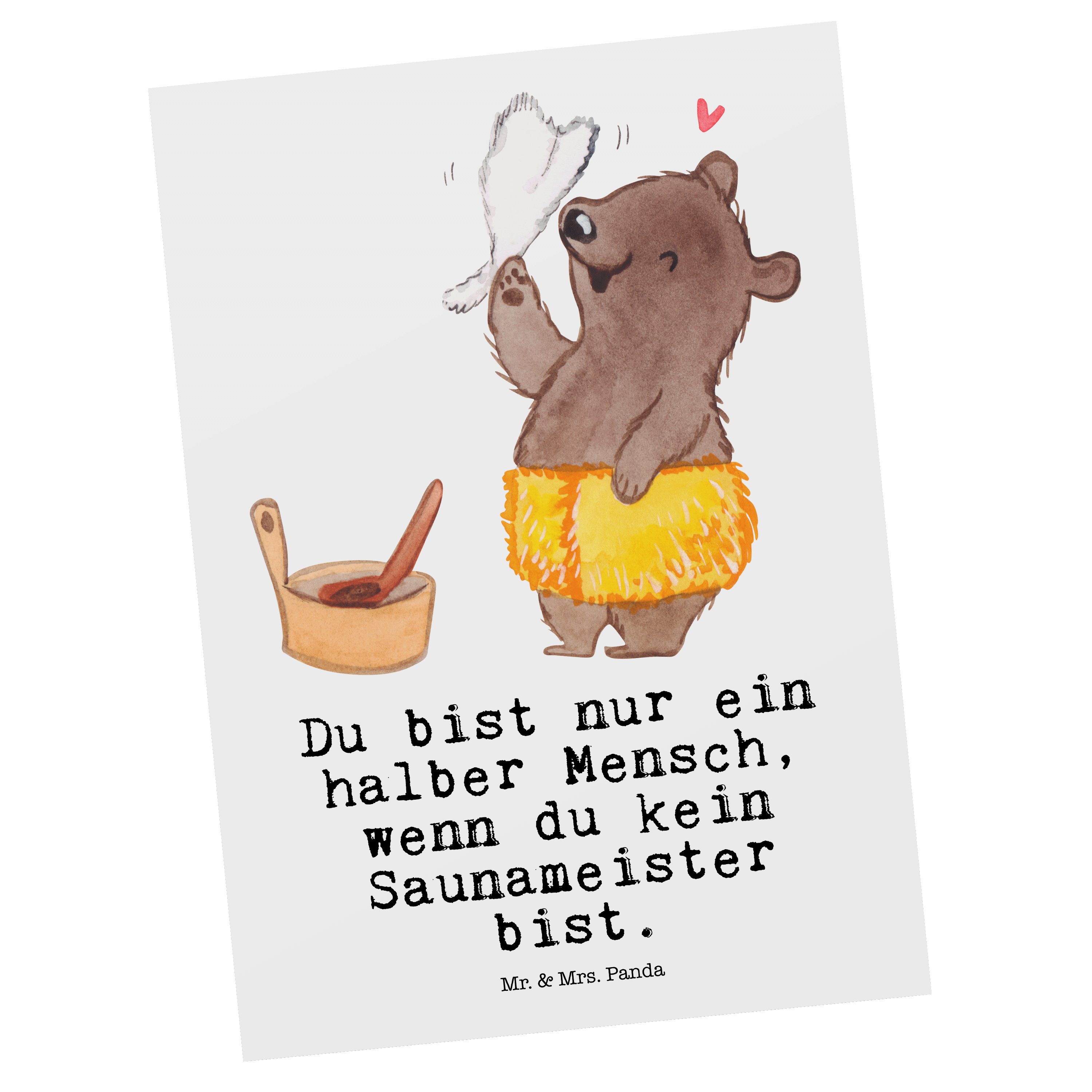 Mr. & Mrs. Panda Postkarte Saunameister mit Herz - Weiß - Geschenk, Dankeskarte, Grußkarte, Koll