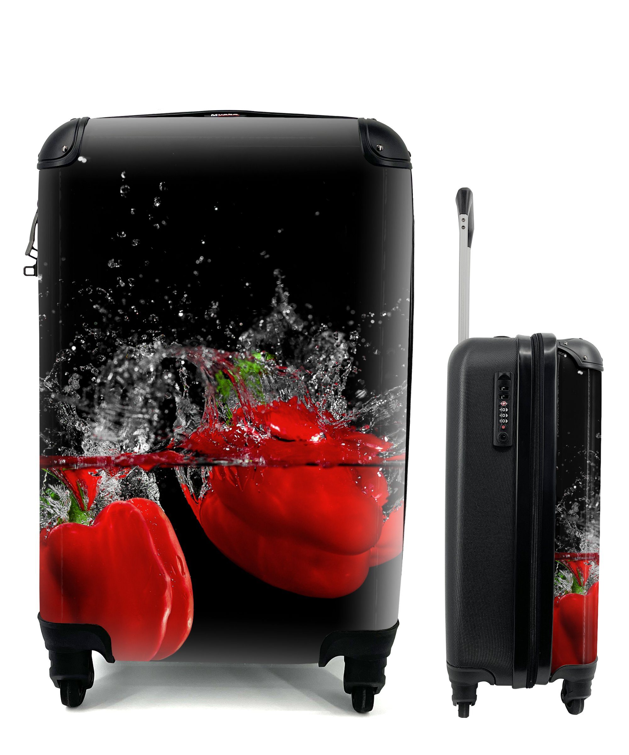 MuchoWow Handgepäckkoffer Paprika - Gemüse - Stilleben - Wasser - Rot, 4 Rollen, Reisetasche mit rollen, Handgepäck für Ferien, Trolley, Reisekoffer