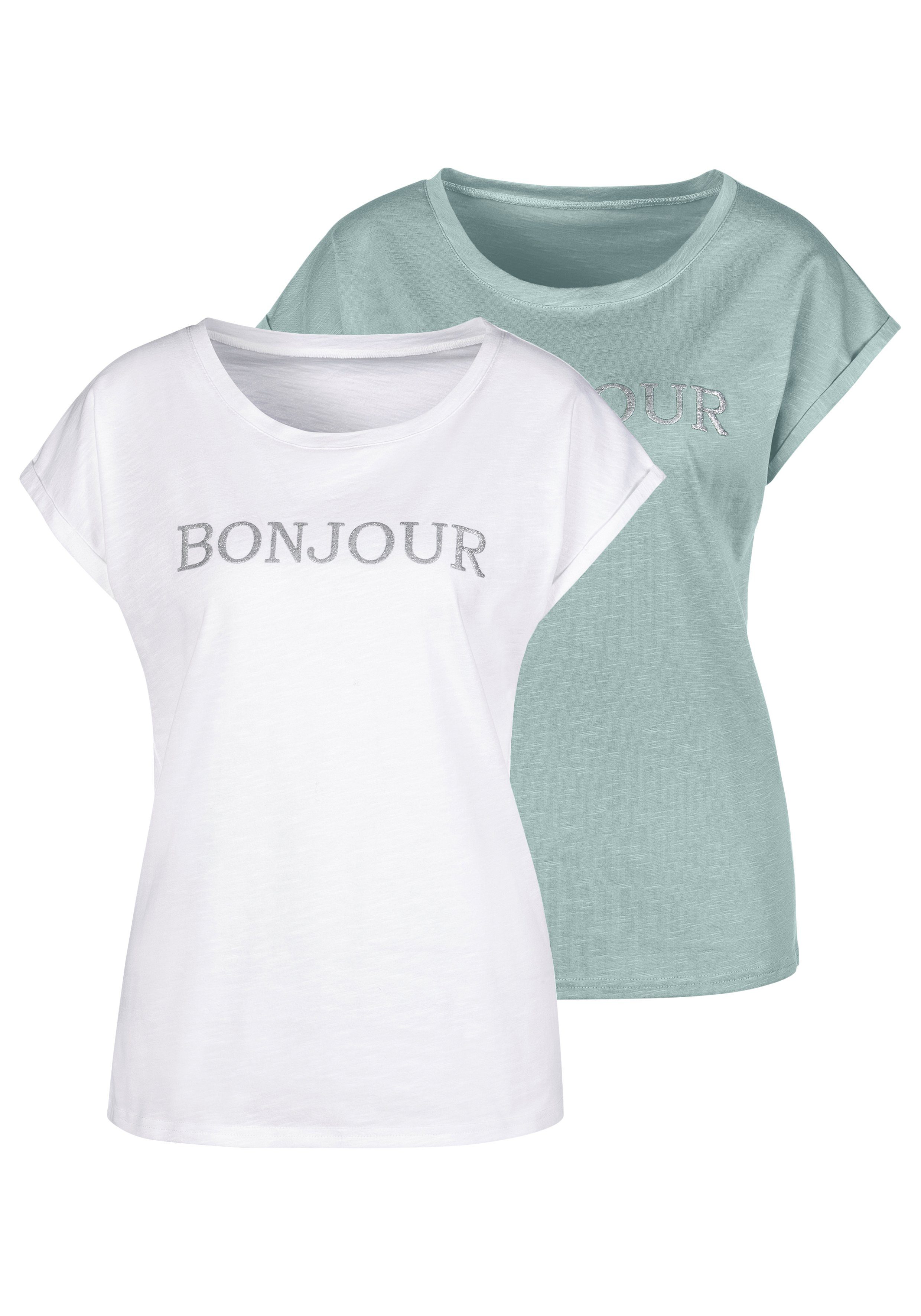 Vivance T-Shirt (Packung, 2-tlg) mit modischem Frontdruck "Bonjour"