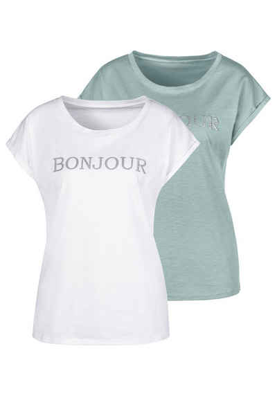 Vivance T-Shirt (Packung, 2-tlg) mit modischem Frontdruck "Bonjour"