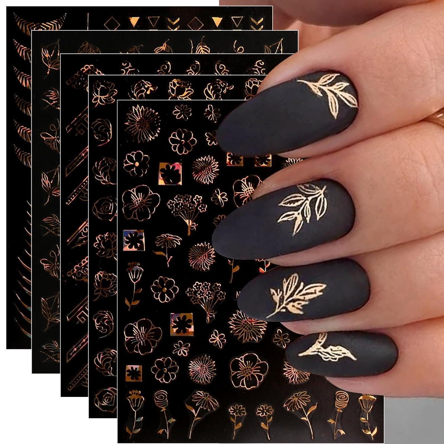 LuxusKollektion Nageldesign Zubehör Nagelsticker 12 Blatt selbstklebend Frühling Blumen Gold Nageldesign