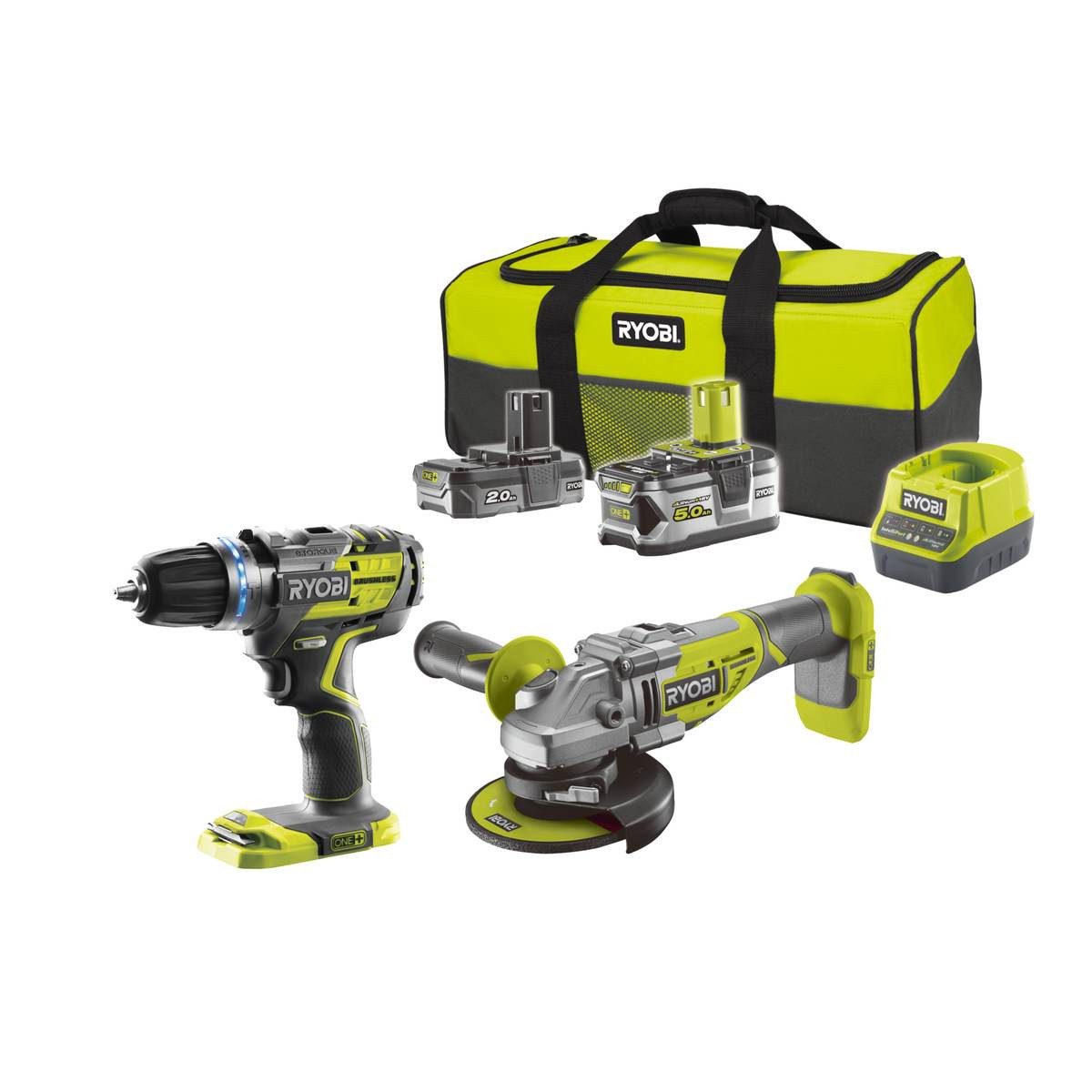 Ryobi Akku-Schlagbohrschrauber Brushless 2er Combo-Kit R18PDBL-0 + Akku-Winkelschleifer R18AG7-0, (5-tlg., Set)