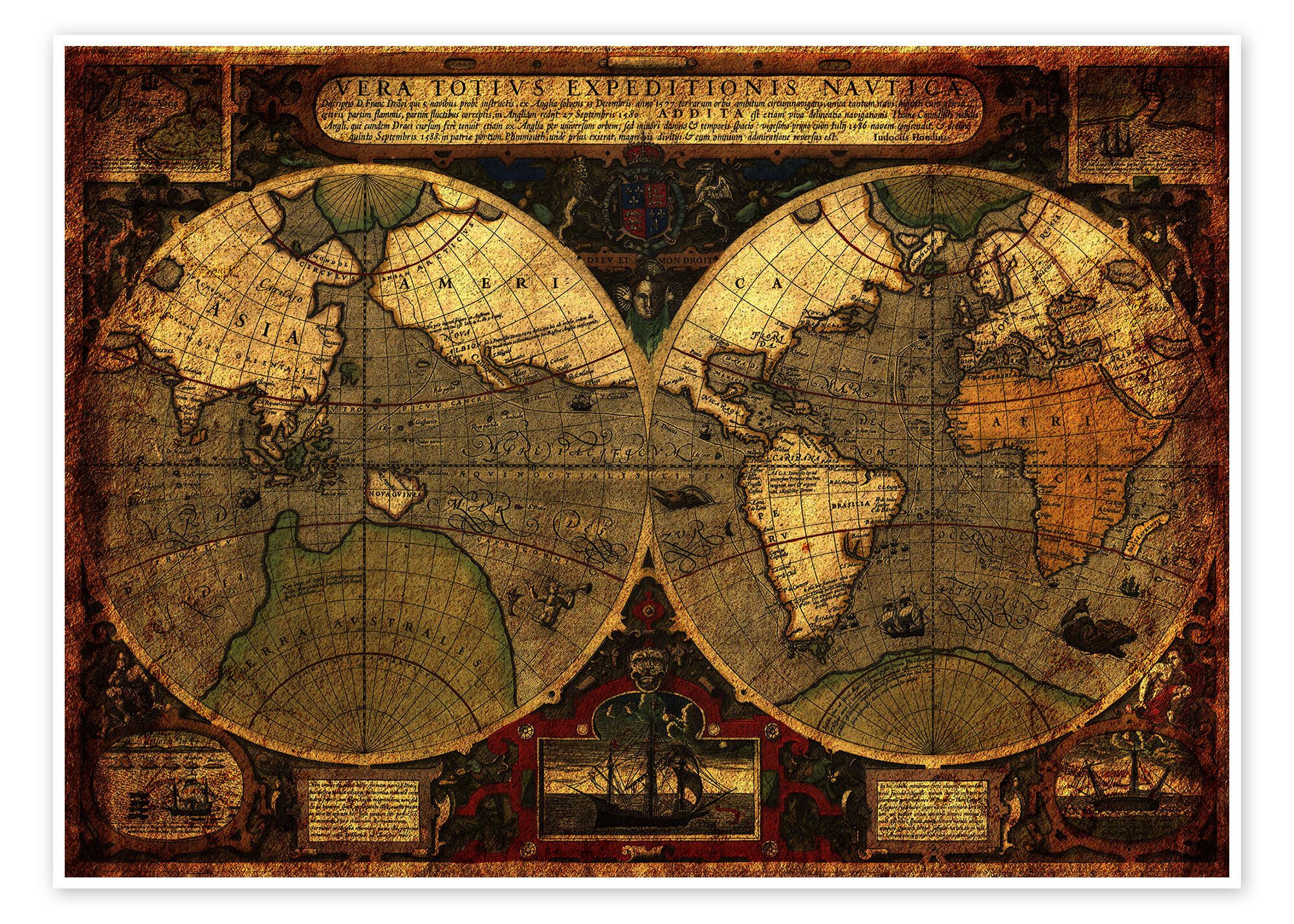Posterlounge Wandbild Welt 1595, Michaels Antike Weltkarten, erhältlich als Poster, Leinwandbild, Wandsticker oder Acrylglasbild