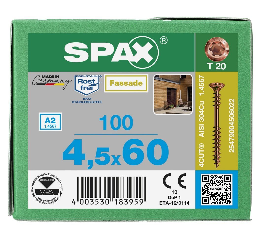 SPAX St), 100 Antik, A2 Fassadenschraube, mm (Edelstahl 4,5x60 Spanplattenschraube