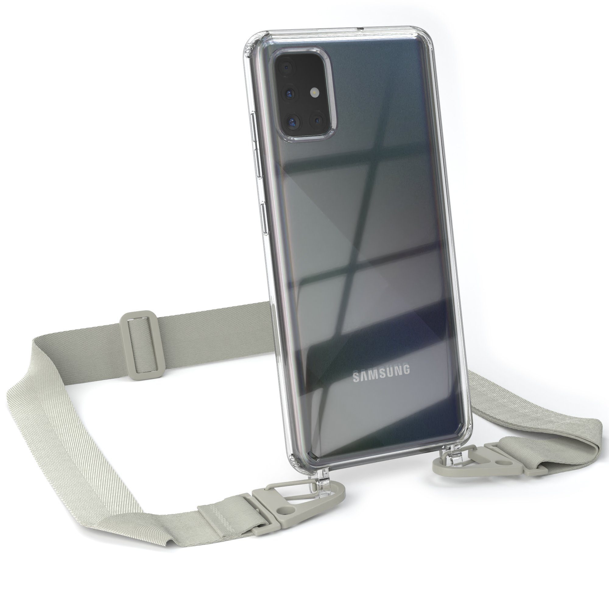 EAZY CASE Handykette Silikon Kette Karabiner für Samsung Galaxy A51 6,5 Zoll, Ketten Hülle Transparent Case Kettenhülle abnehmbare Kordel Grau Taupe