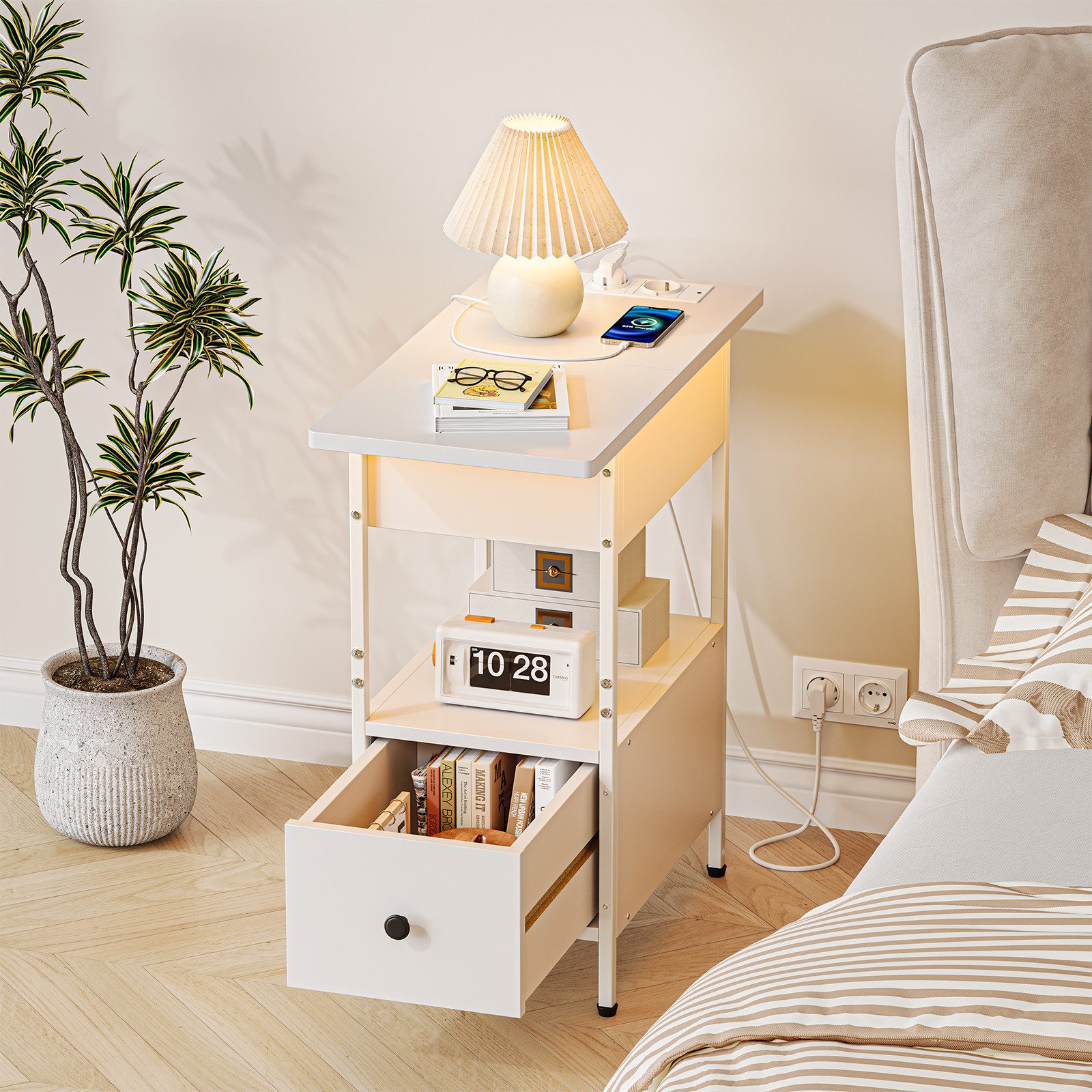 YOLEO Nachttisch Beistelltisch mit Steckdosen, LED Nachttisch mit Schublade günstig online kaufen