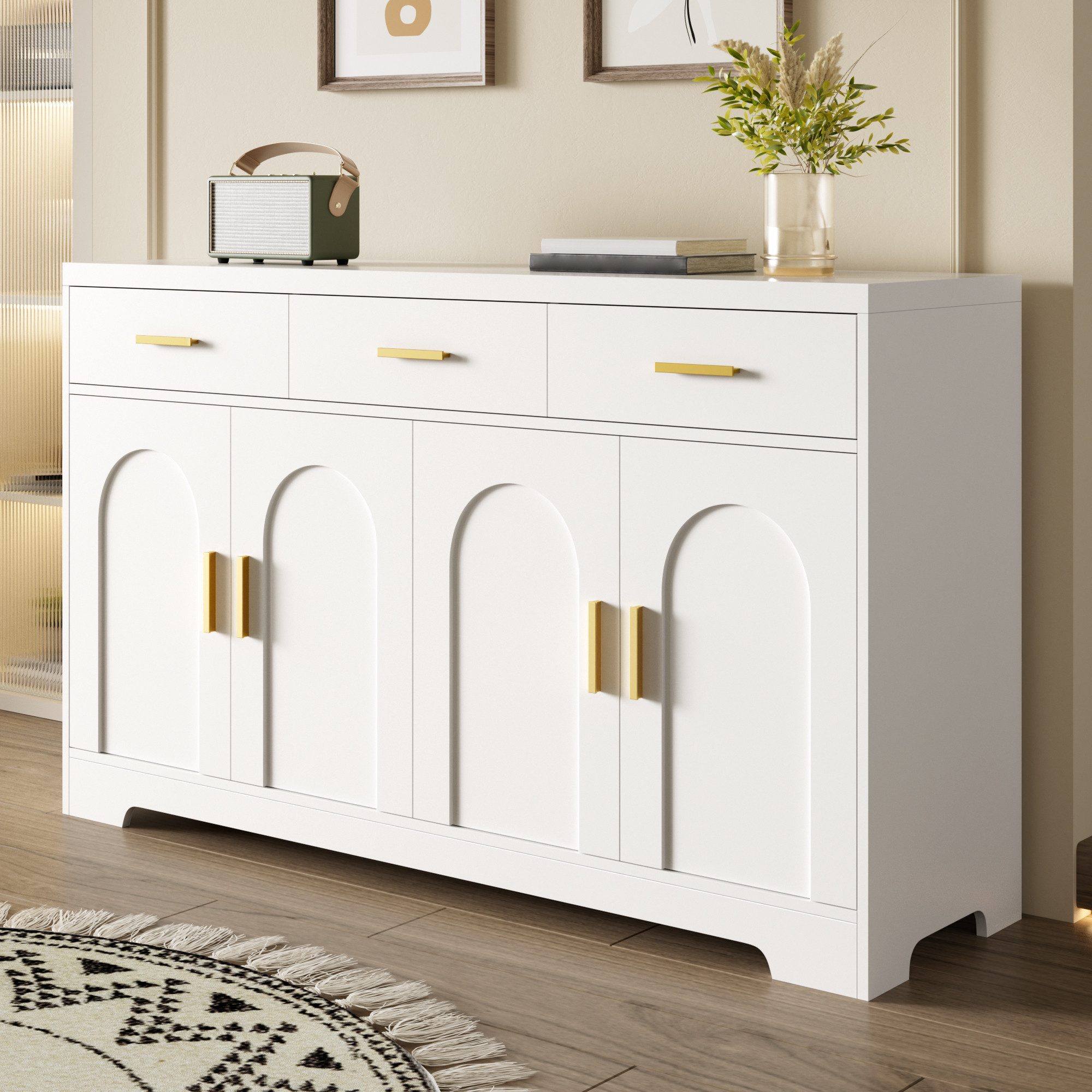 Merax Sideboard mit goldenen Metallgriffen, Dielenschrank Wohnzimmerschrank (140 x 40 x 83 cm, 1 St), Kommode mit 4 Bogen-Türen,3 Schubladen,höhenverstellbaren  – Bild 3 von 5