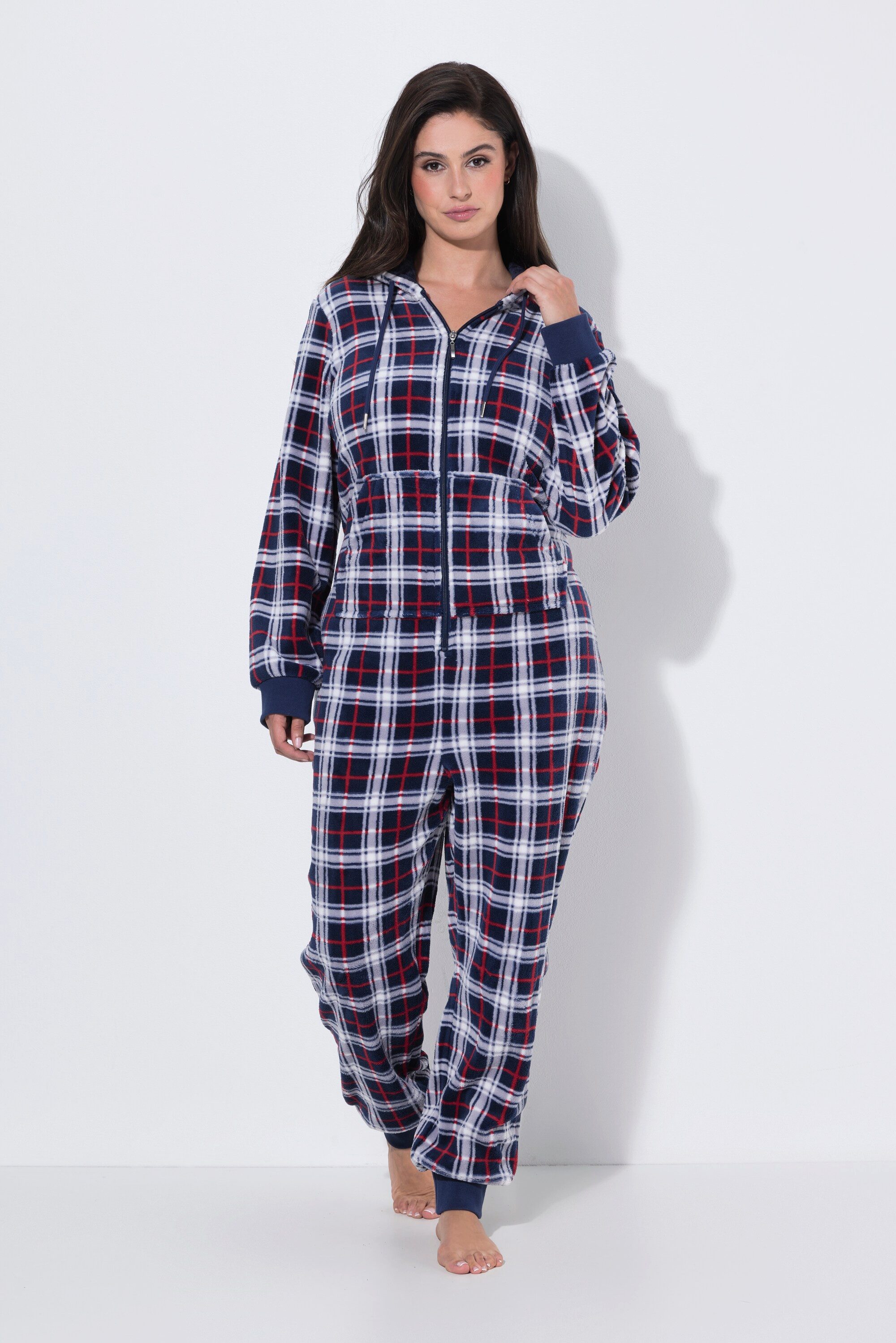 Ulla Popken Overall Homewear-Overall Plüsch Karo Kapuze Langarm