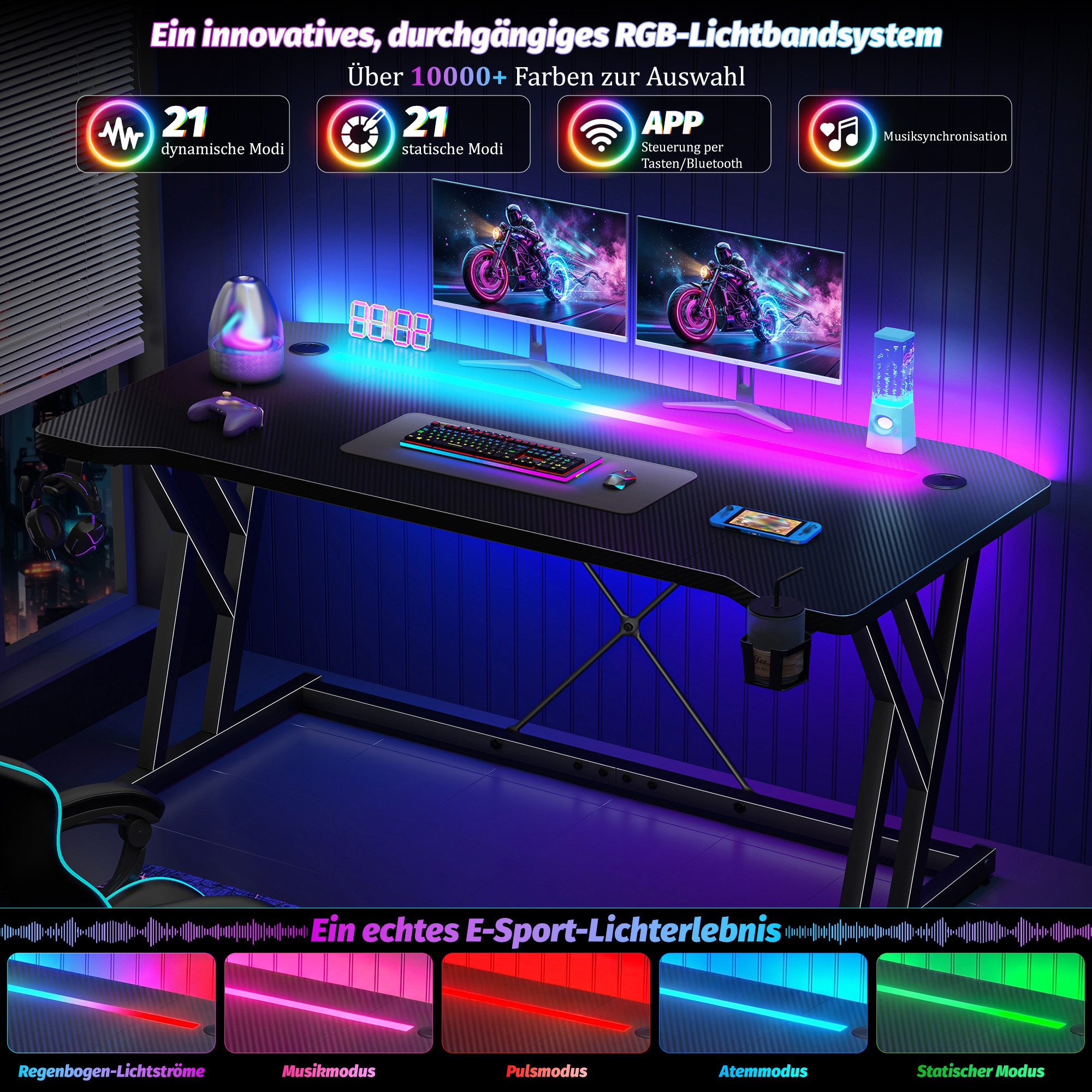 Klyvvo Schreibtisch Gaming Schreibtisch, Computertisch mit RGB LED Beleuchtung (1-St), Computer Tisch Gamingtisch – Bild 3 von 5