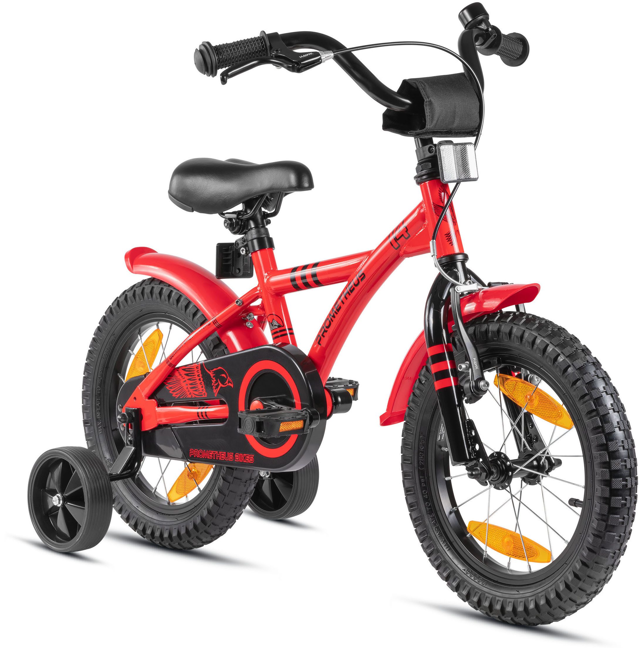 PROMETHEUS BICYCLES Kinderfahrrad HAWK 14 Zoll ab 4 Jahre, 1 Gang, Junge Mädchen Fahrrad Kinder mit Rücktrittbremse Stützräder