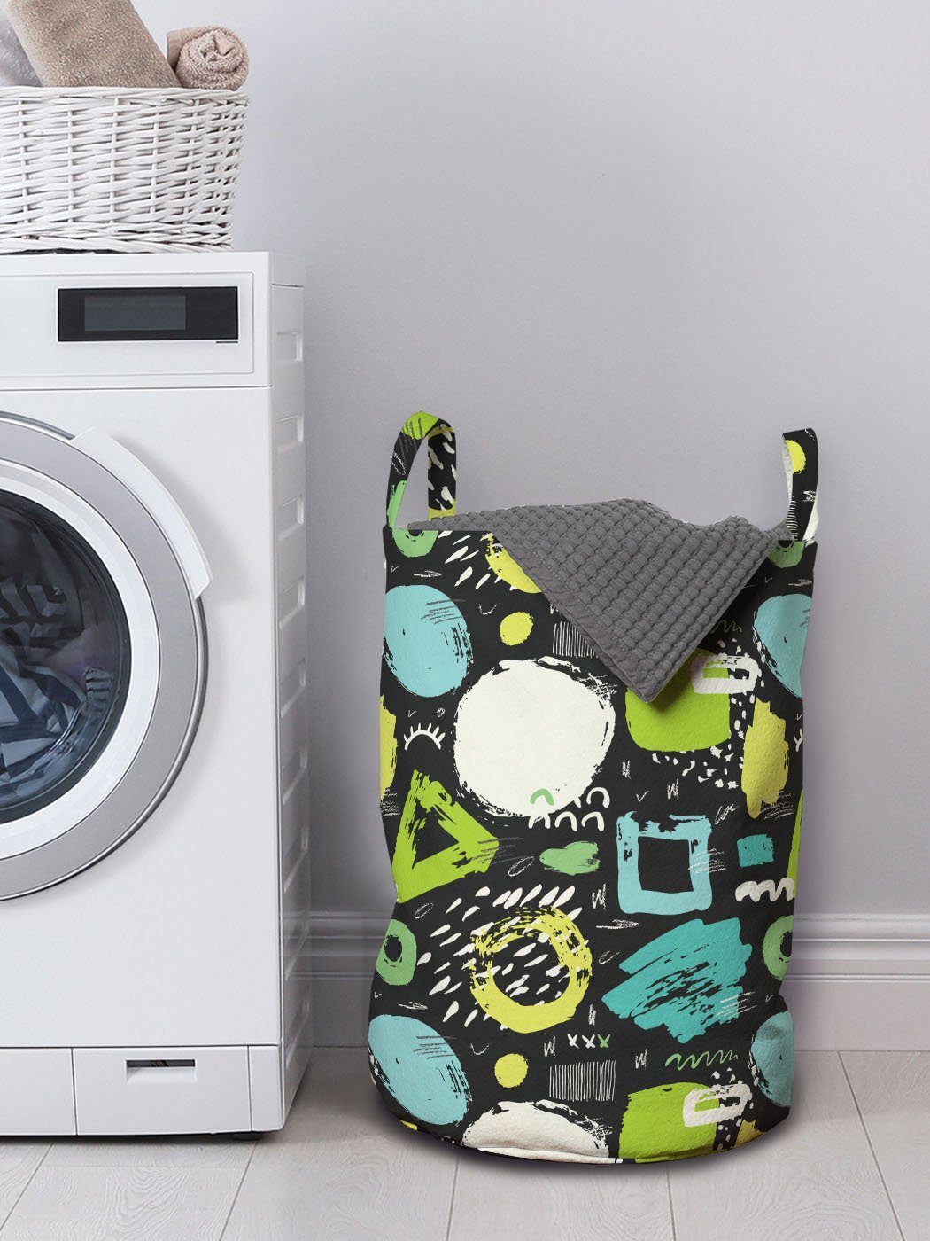 Flüchtige Abakuhaus Waschsalons, für Wäschesäckchen Wäschekorb mit Grunge Griffen geometrische Kunst Kordelzugverschluss