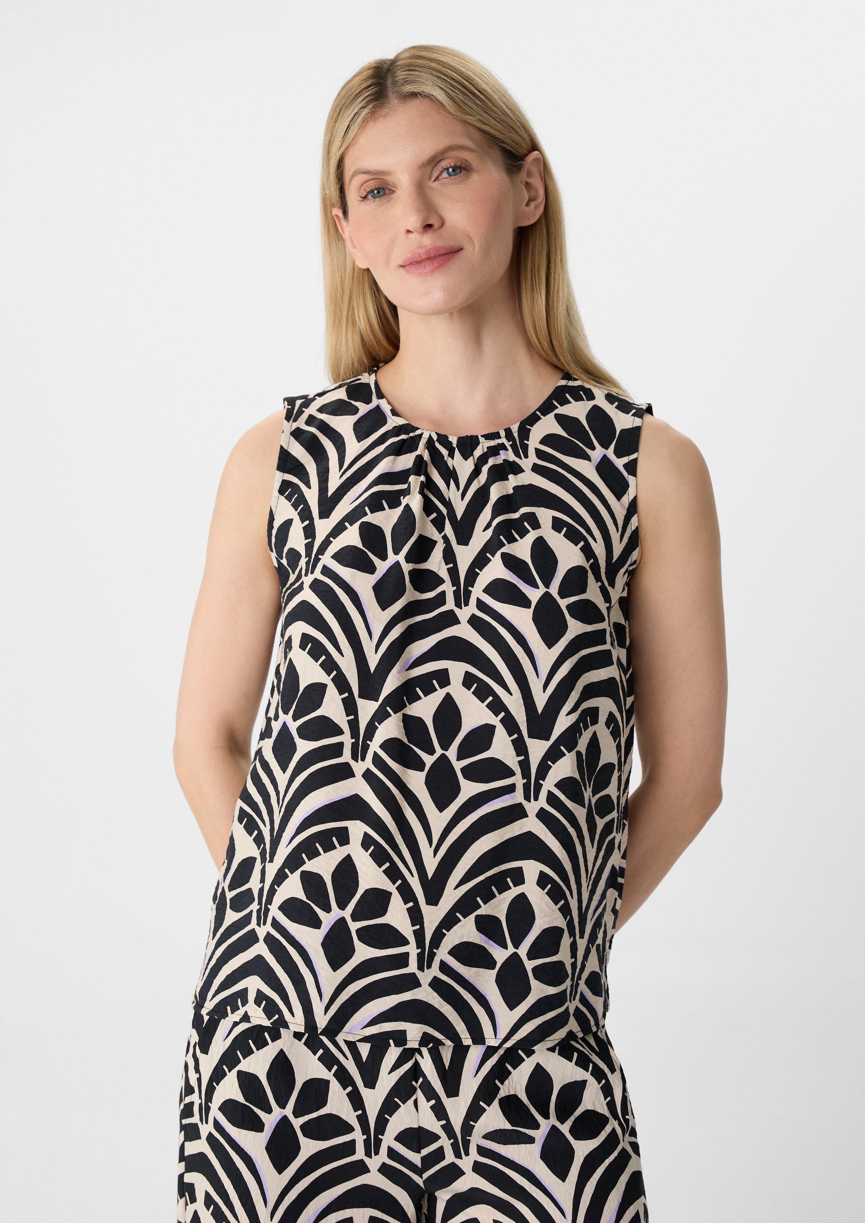 Blusentop Ärmellose Bluse mit Raffung und All-over-Print