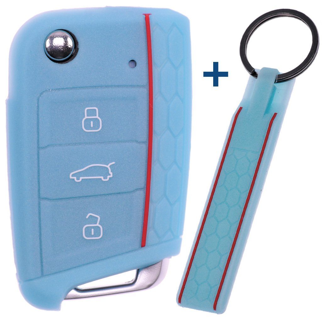 mt-key Schlüsseltasche Autoschlüssel Silikon Schutzhülle mit passendem Schlüsselband, für Golf 7 Polo 6C Seat Ateca Arona Leon Skoda Octavia Superb Kodiaq Fluoreszierend Blau