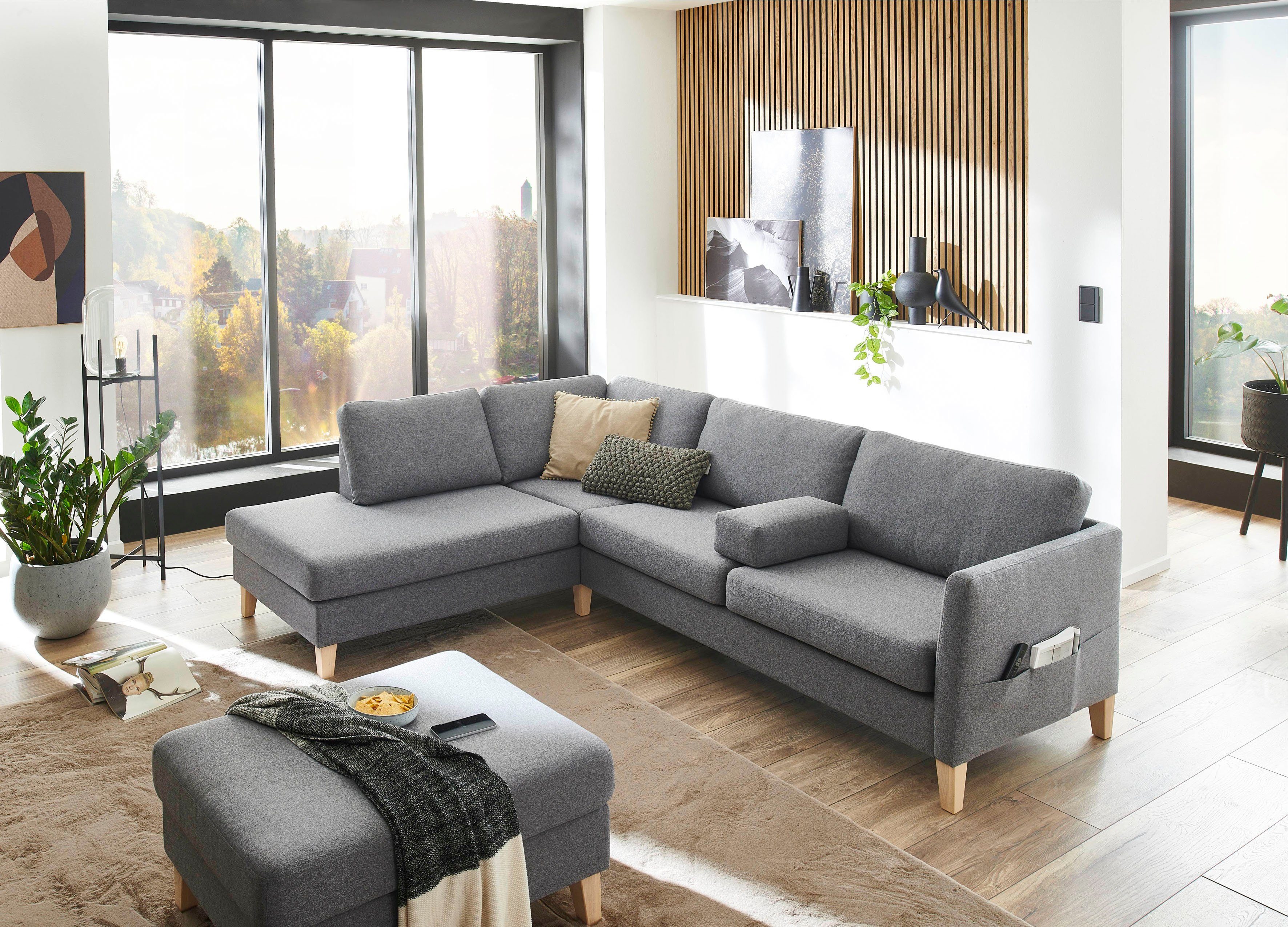 ATLANTIC home collection Ecksofa Mailo L-Form, mit Seitentaschen und Ottomane, mit Massivholzfüßen