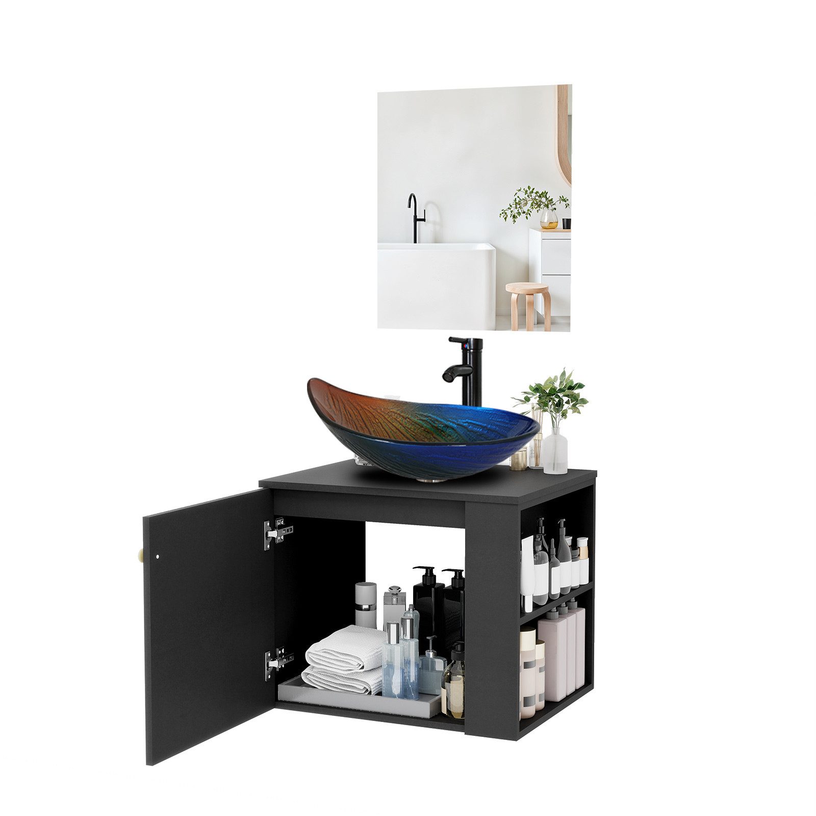 Puluomis Badezimmer-Set Badezimmerschrank mit Spiegel Waschbeckenunterschrank 60x48x50cm, (Waschtische Badezimmer Schwarz mit/ohne Waschbecken)