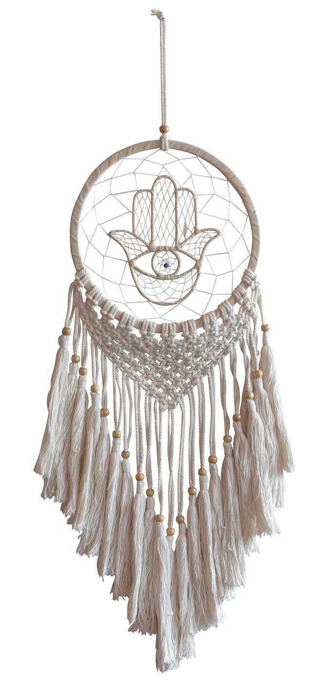 Saraswati Traumfänger Traumfänger "Hand of Fatima" mit Makramee und Holzperlen, beige 22x70c