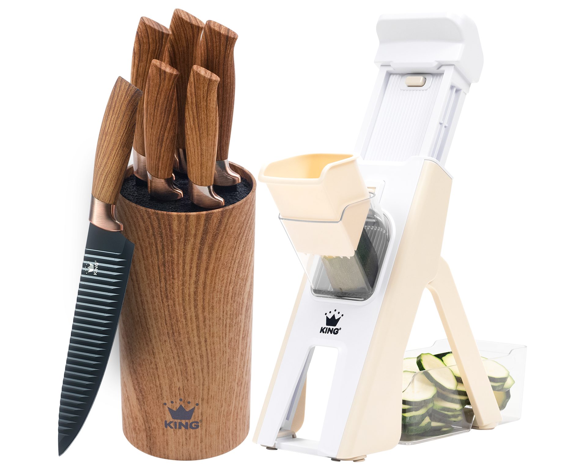 KING Küchenreibe Veggie-Turm-Reibe, Kunststoff, (Set, 7-St., 1 Reibe, 5 Küchenmesser, 1 Messerblock), Vertikale-Reibe inkl. Auffangbehälter, unterschiedliche Schnittmodi
