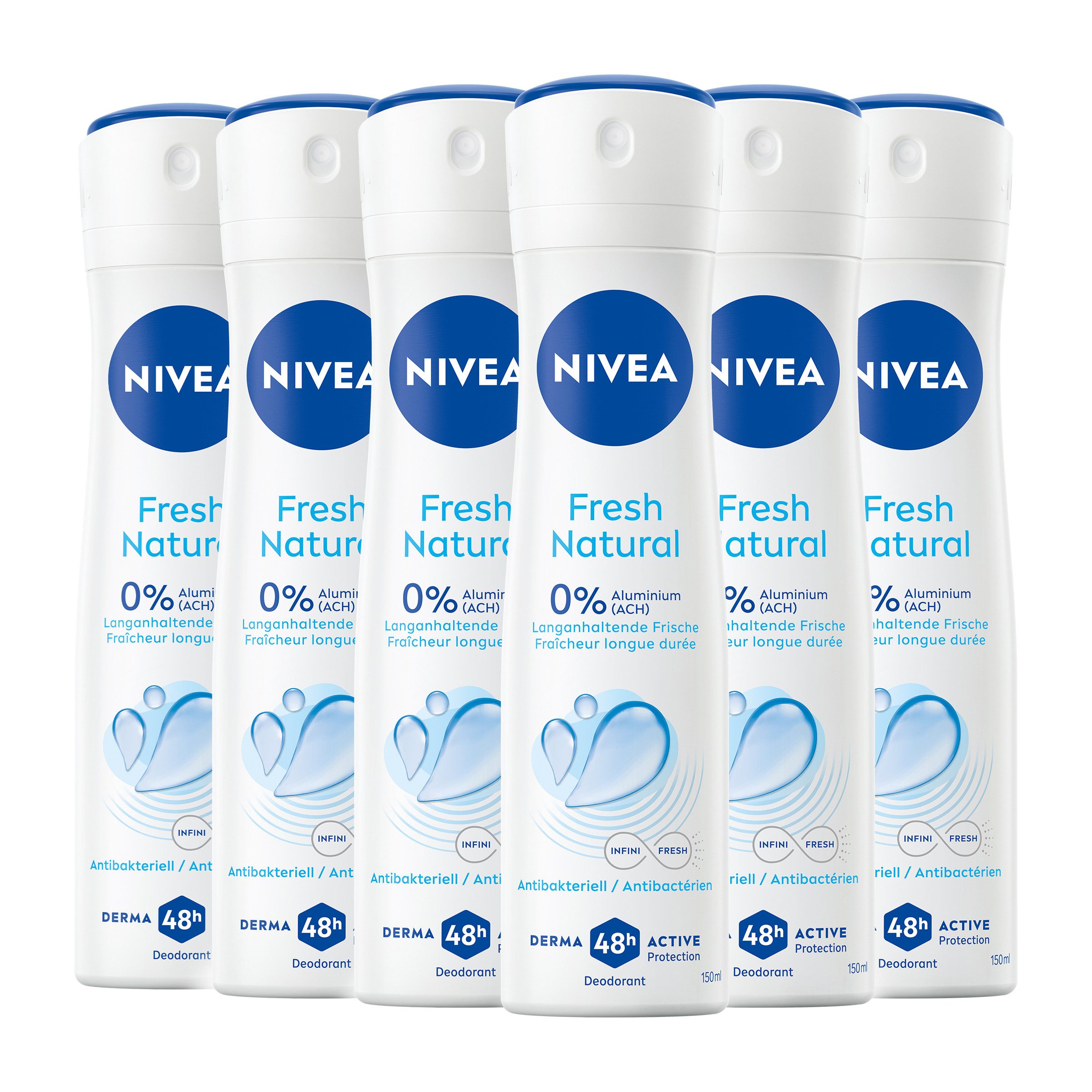 Nivea Deo-Spray Deodorant Fresh Natural Deo 6 x 150ml, Set, 6-tlg., mit 48H Trockenschutz