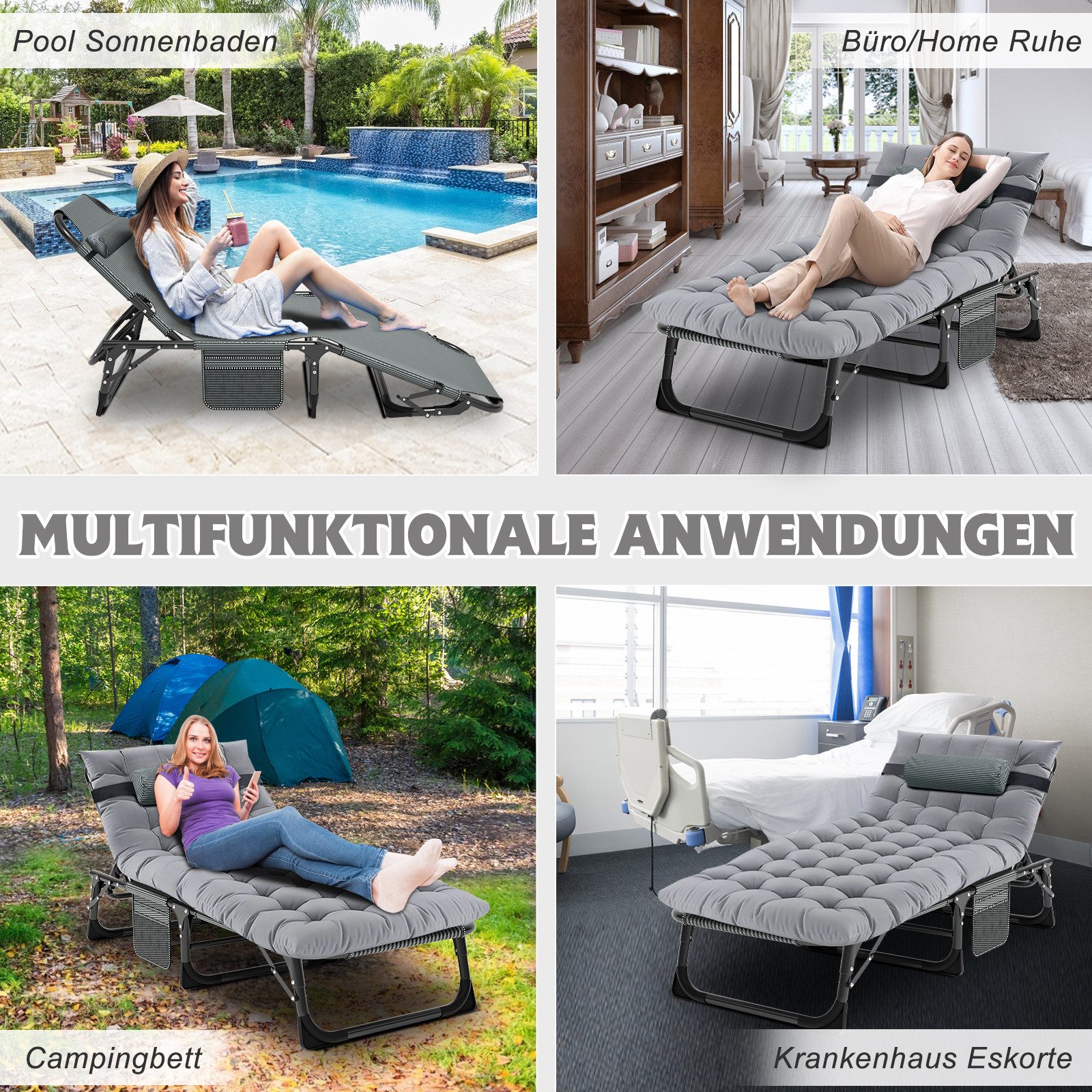 Meulbaty Klappbett Gästebett mit Auflage, Kopfstütze & verstellbarer Rückenlehne mit Aufbewahrungstasche und 2.3-3cm Matratze, 190x68x30cm, grau – Bild 4 von 5