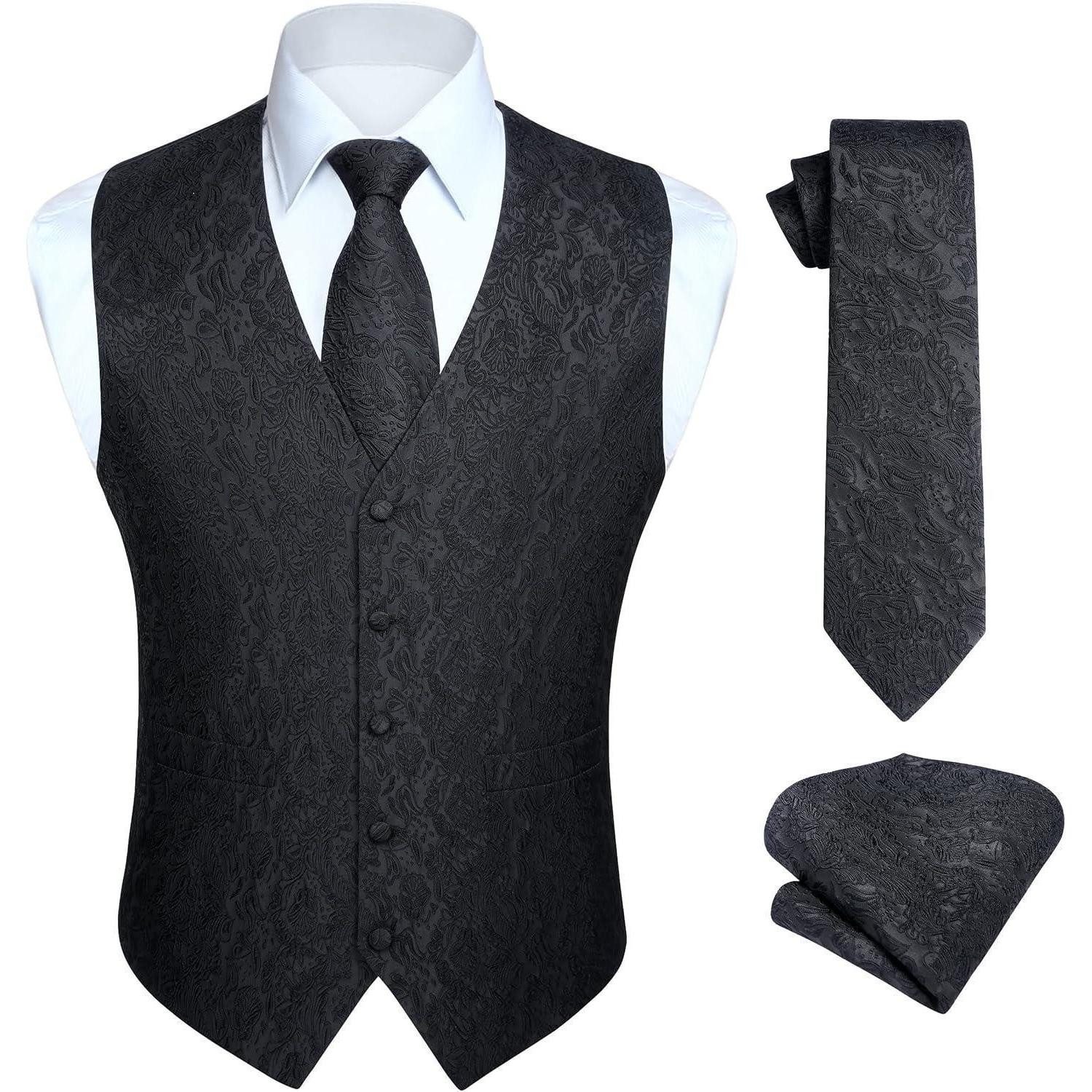 Krawatte Weste Herren Hochzeit Jacquard Floral Anzugset Krawatte M Schwarz-N
