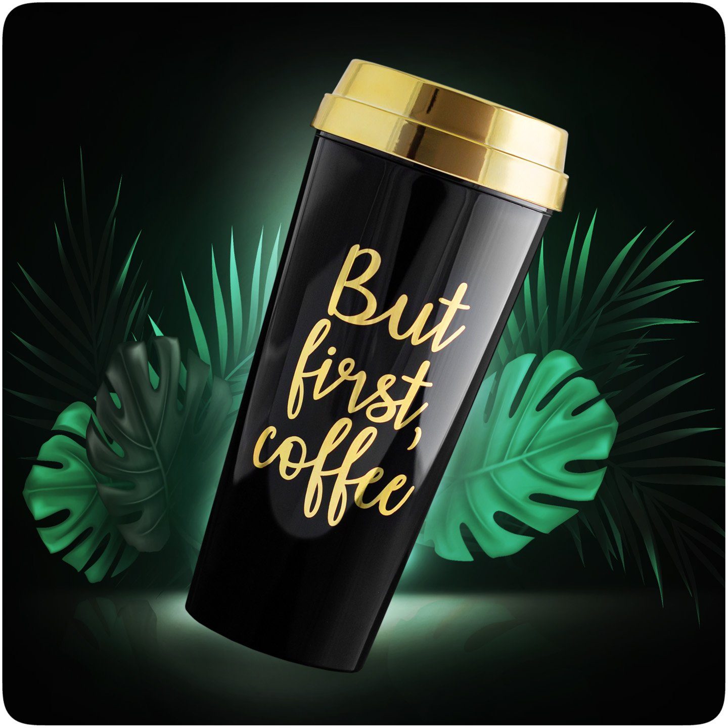 PRECORN Coffee-to-go-Becher Coffee to go Becher But first Coffee stylisch  450ml Kaffeebecher to go, Kunststoff