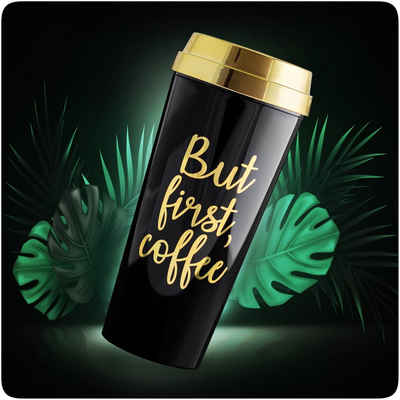 PRECORN Coffee-to-go-Becher Coffee to go Becher But first Coffee stylisch 450ml Kaffeebecher to go, Kunststoff