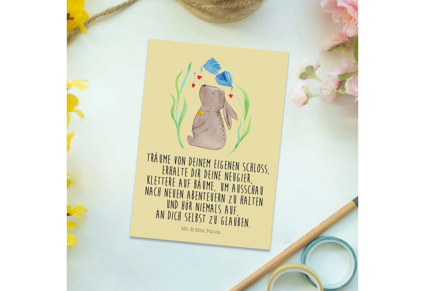 Thumbnail - Mr. & Mrs. Panda Postkarte Hase Blume - Gelb Pastell - Geschenk, Geburtstagskarte, Osterdeko, Ka, Liebevolles Design