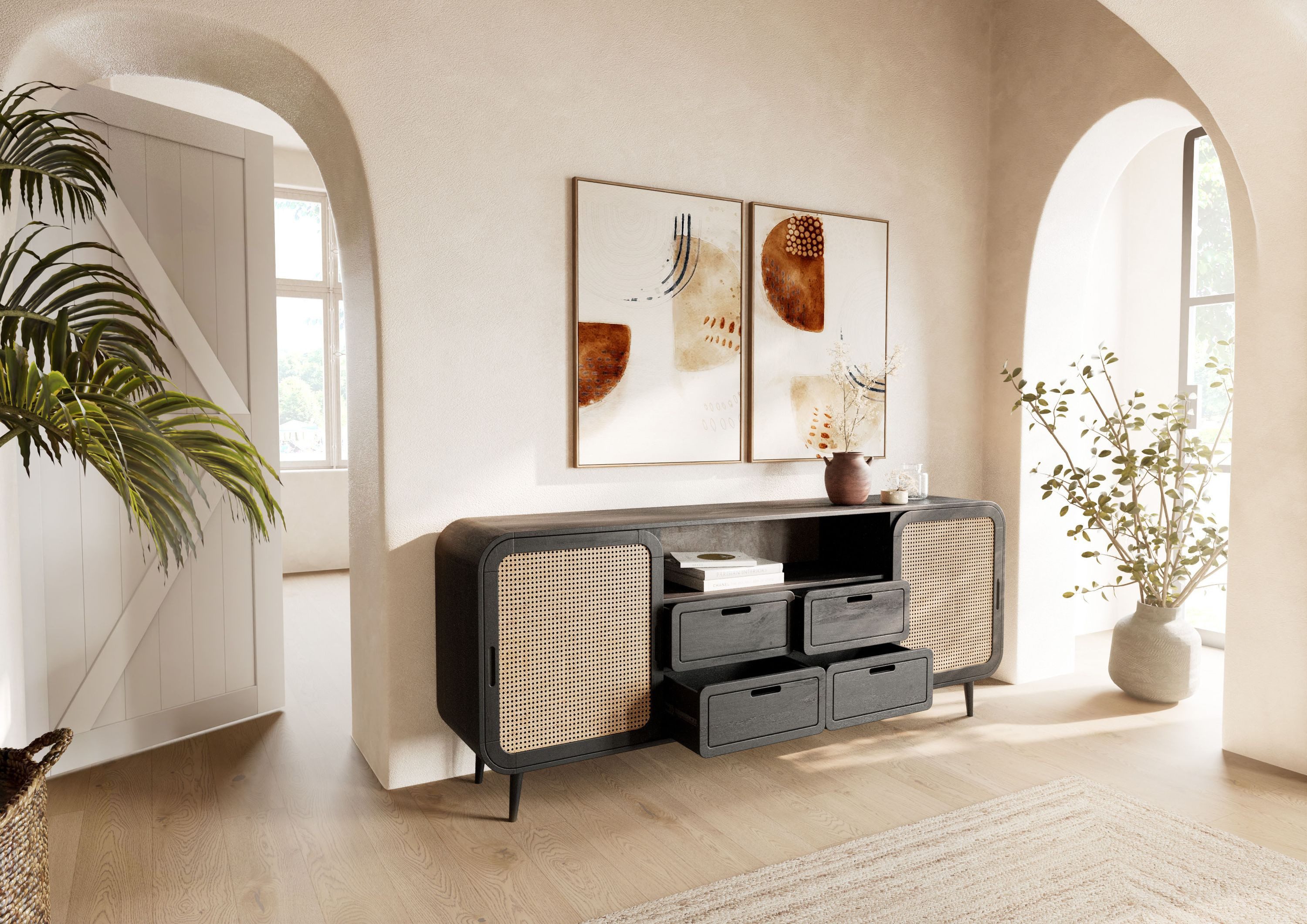 Massivmoebel24 Sideboard VALENCIA (Massivholz), Mango 200x40x80 dunkelgrau lackiert VALENCIA #220