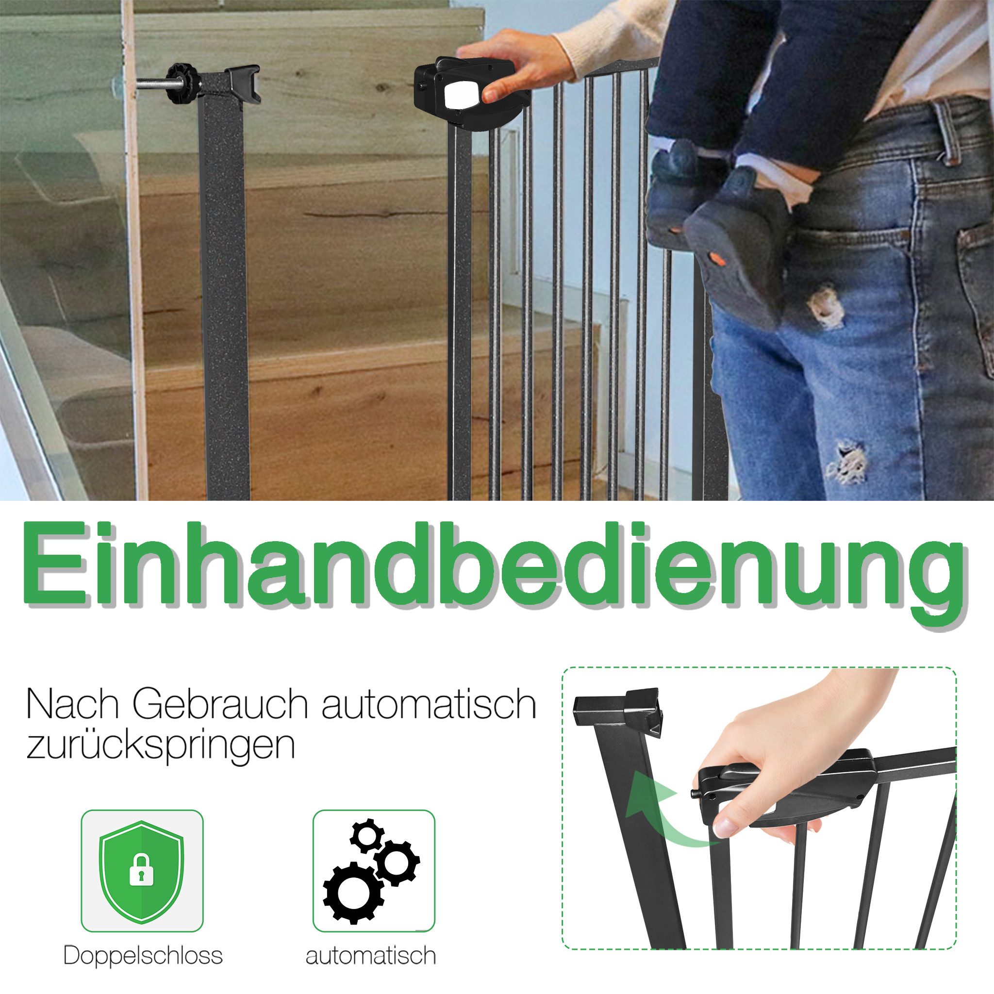 FIVMEN Treppenschutzgitter Türschutzgitter Treppengitter ohne bohren für Kindersicherheit, 76cm Hoch Weiß/Schwarz aus Metall – Bild 3 von 5
