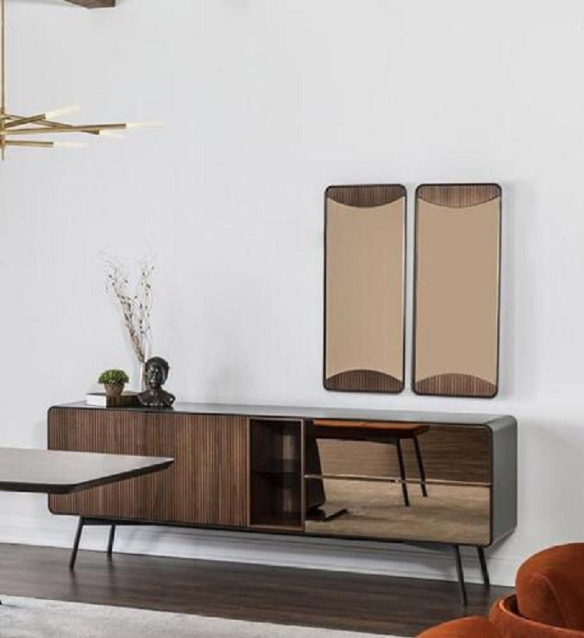 Braun Sideboard 2x Kommode Holz Spiegel (Sideboard, Modern JVmoebel Sideboard Spiegel) Anrichte Garnitur Set