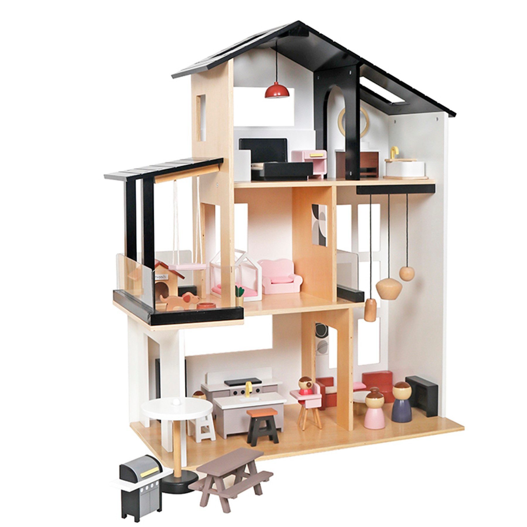 TikTakToo Puppenhaus Moderne Stadtvilla aus Holz mit 49 TLG. Möbelset, 3 Et günstig online kaufen