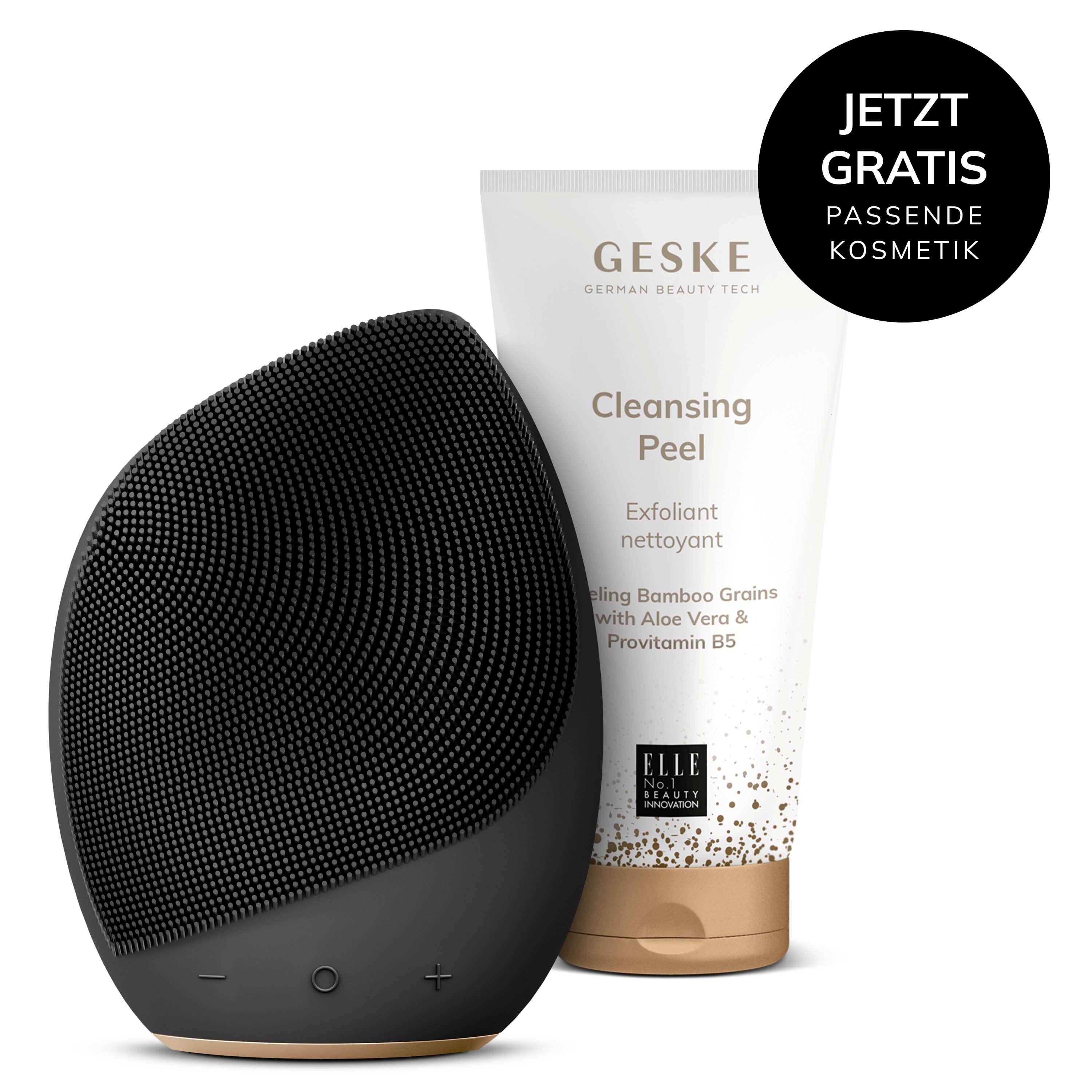 GESKE German Beauty Tech Elektrische Gesichtsreinigungsbürste Sonic Facial Brush 5 in 1 Farbe: Gray + Gratis Kosmetik, Packung (Gerät & USB-Ladekabel), 2-tlg., Gerät inkl. kostenloser APP (SmartAppGuided Device), Anti-Aging Massage-, SmartSonic Pulsation- & Tiefen-Wärme-Technologie