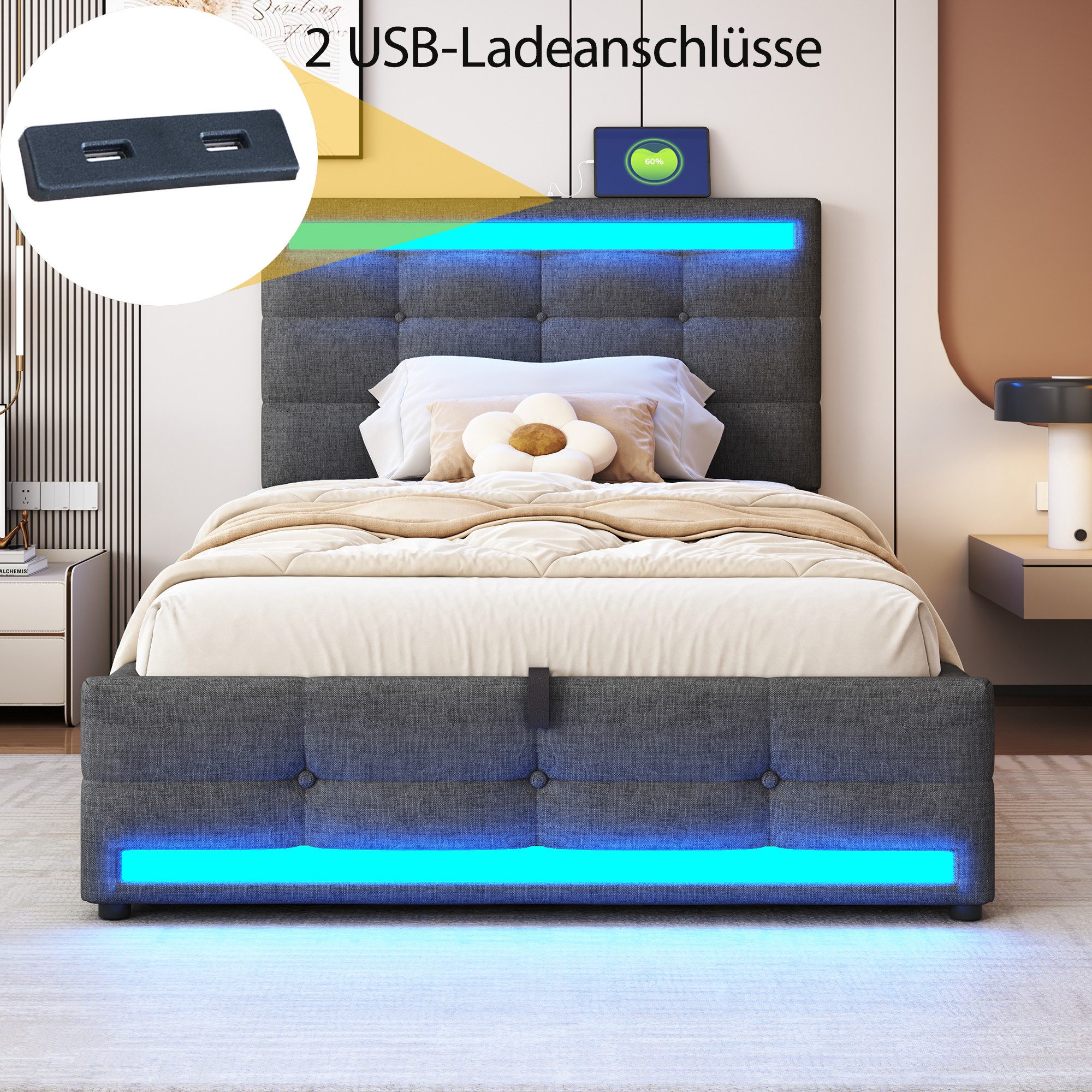 Flieks Polsterbett, LED Einzelbett Stauraumbett 2 USB-Anschluss 90x200cm Le günstig online kaufen