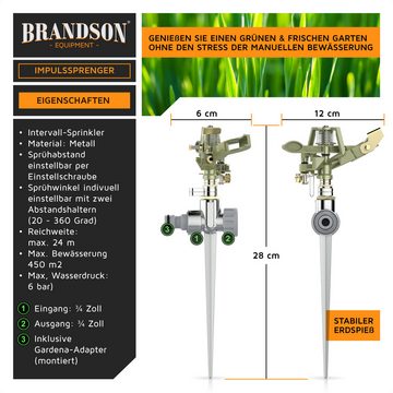 Brandson Kreisregner Intervall-Sprinkler, Rasensprenger mit Pulsation, 360° Impulsregner, für Flächen bis 450 m², (1-St), Rasensprinkler, 12m Reichweite, Gardena kompatibel