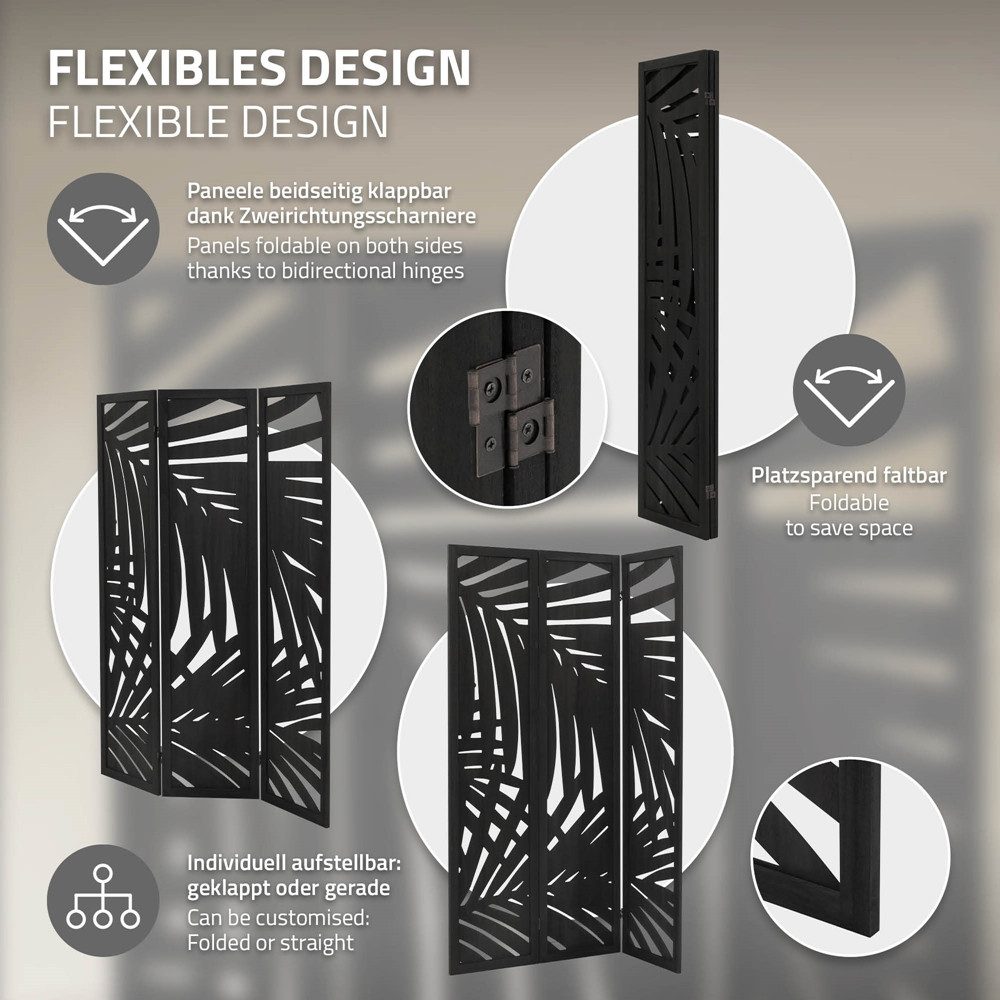ML-DESIGN Paravent Raumteiler Faltbarer Sichtschutz Indoor Stellwand Sichtschutzwand, Raumtrenner 3-teilig Sapporo Schwarz 170x121cm freistehend Trennwand