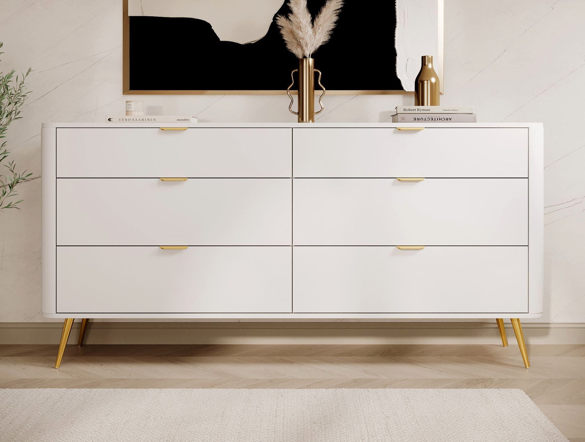 Selsey Kommode OVAL, mit 6 Schubladen, goldenen Füßen und Griffen, 172 cm