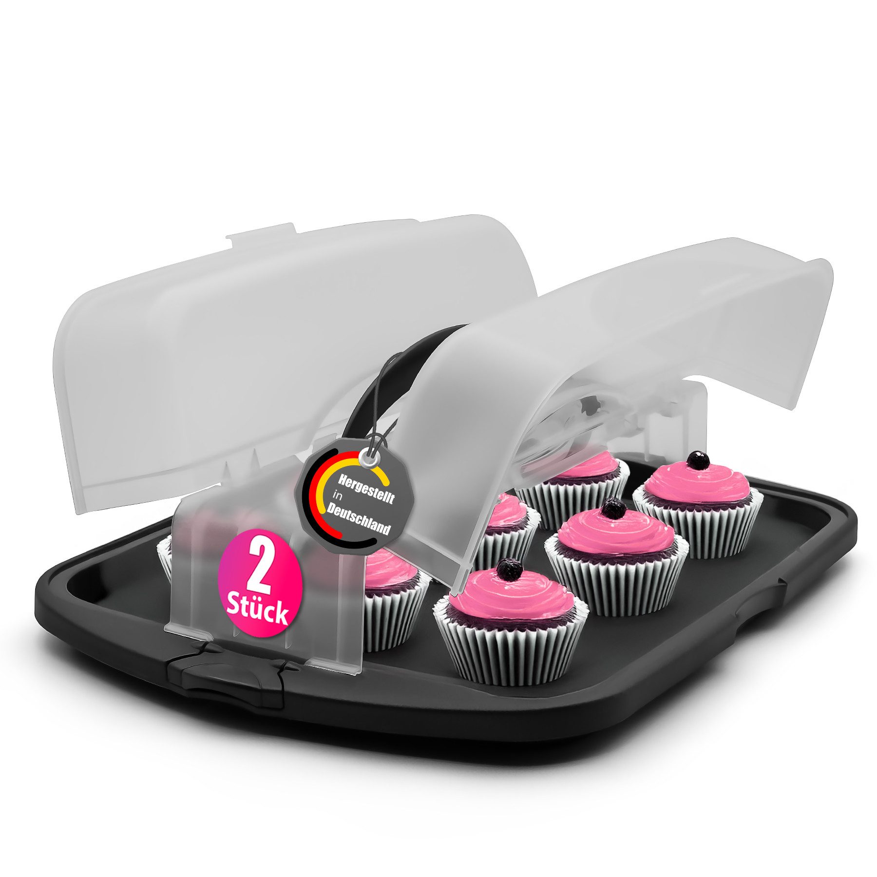 BigDean Kuchentransportbox 2 Stück Kuchen & Muffin Transportbox Partycontainer für jeden Anlass, Kunststoff, (Set, 2-tlg., Kuchentransportbox), Langlebig, Stabil, Hoher Deckel, Clipverschluss, BPA-Frei