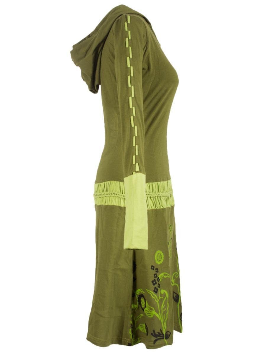 Vishes Jerseykleid Kapuze Style Kleid mit olive Elfen Gürtel Boho, geknüpftem und Blumen Ethno, Goa