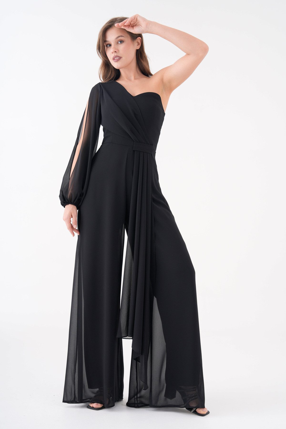 WOMAN VISION Abendkleid Schwarzes Chiffon-Abendkleid mit Gürteldetail, weitem Bein und einem Ä